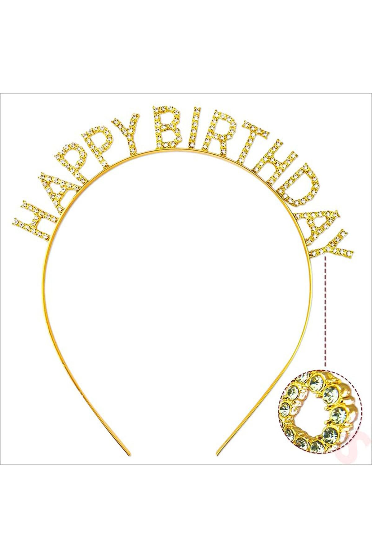 hayalimsah Altın Gold Renk Kristal Taşlı Parlak Happy Birthday Taç 16x17 cm