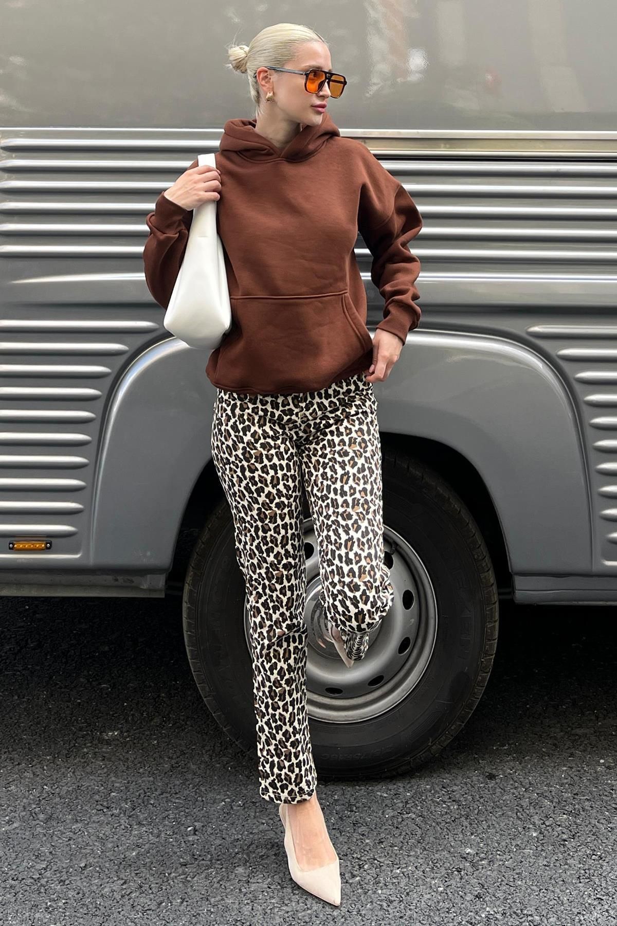 Madmext-Bitter Brown Hooded Raster Oversize Pocket Sweatshirt Mg2206 2