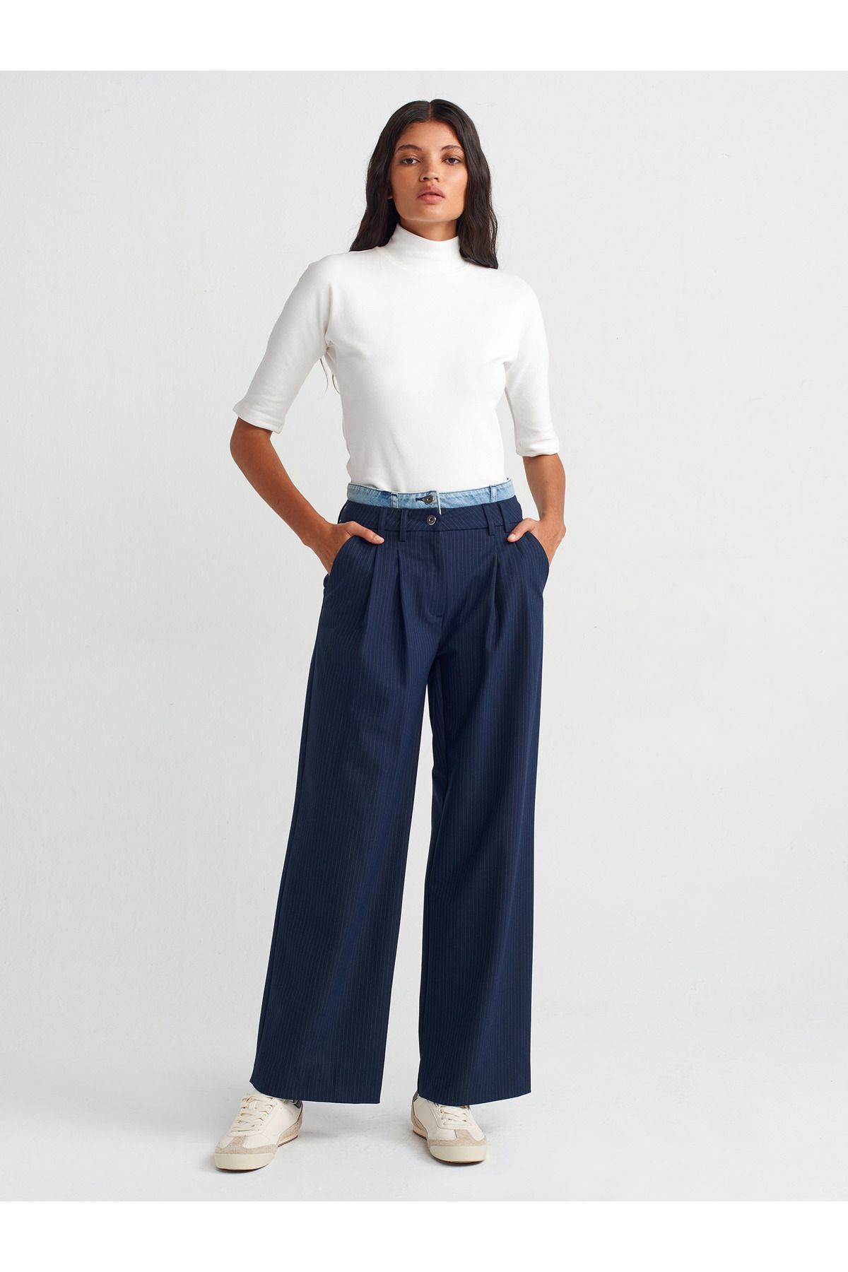 Dilvin-71544 Navy Blue Denim Waistband Trousers 1