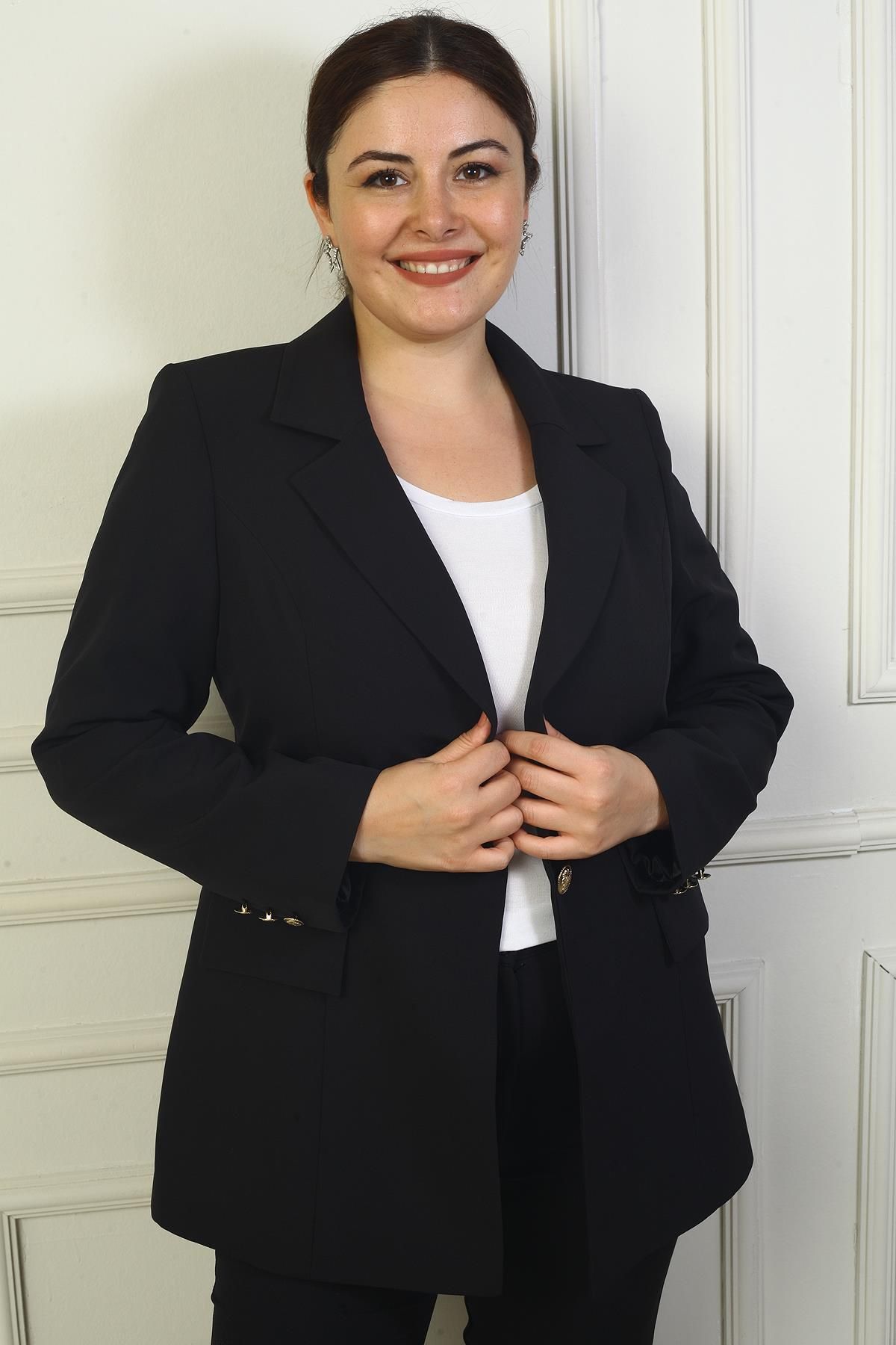 By Saygı-Large Size Single Metal Button Double Jacket - Lined 3