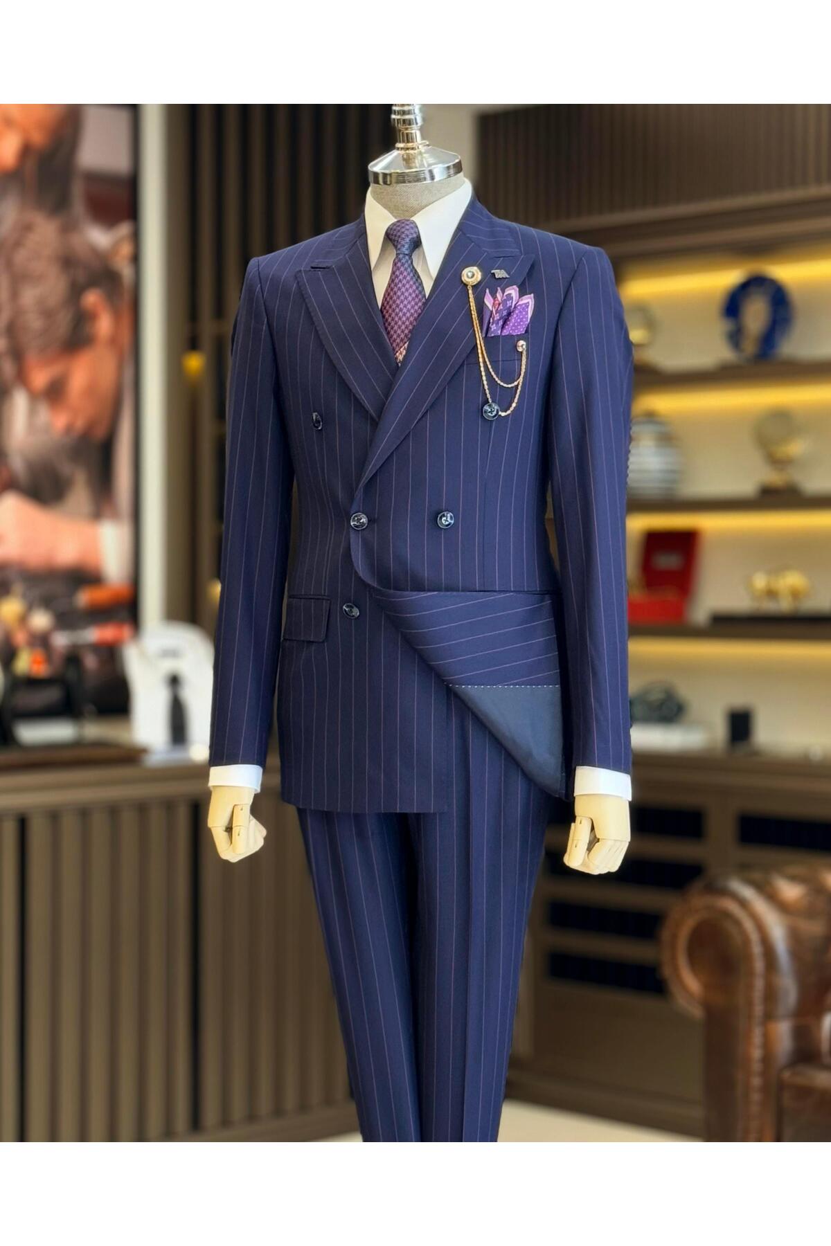 TerziAdemAltun Italian Style Double-Breasted Striped Jacket Trousers Suit Navy Blue T12903