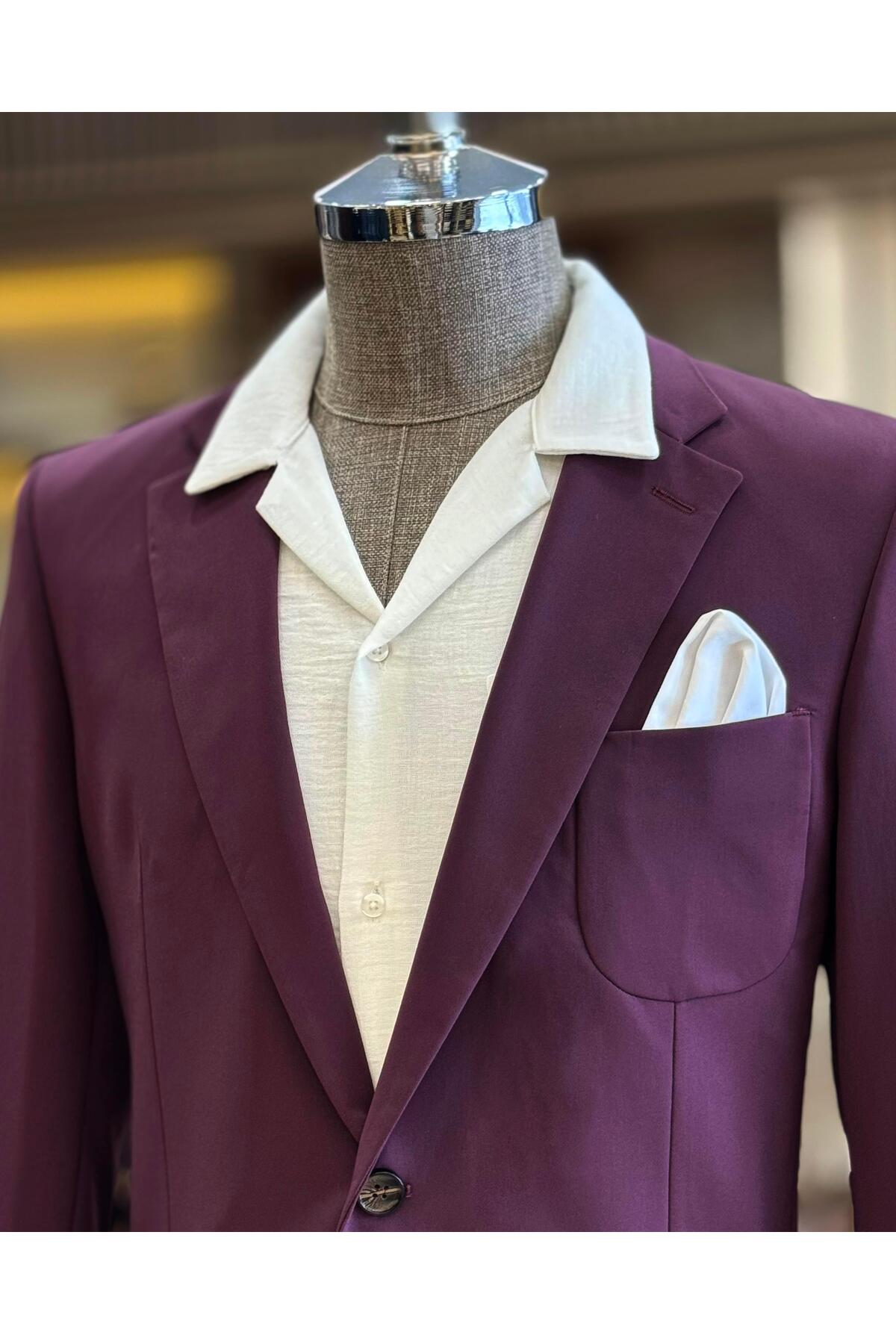 İtalyan stil slim fit erkek ceket pantolon takım elbise morj T12921 — بنفش — تصویر 3 از 3