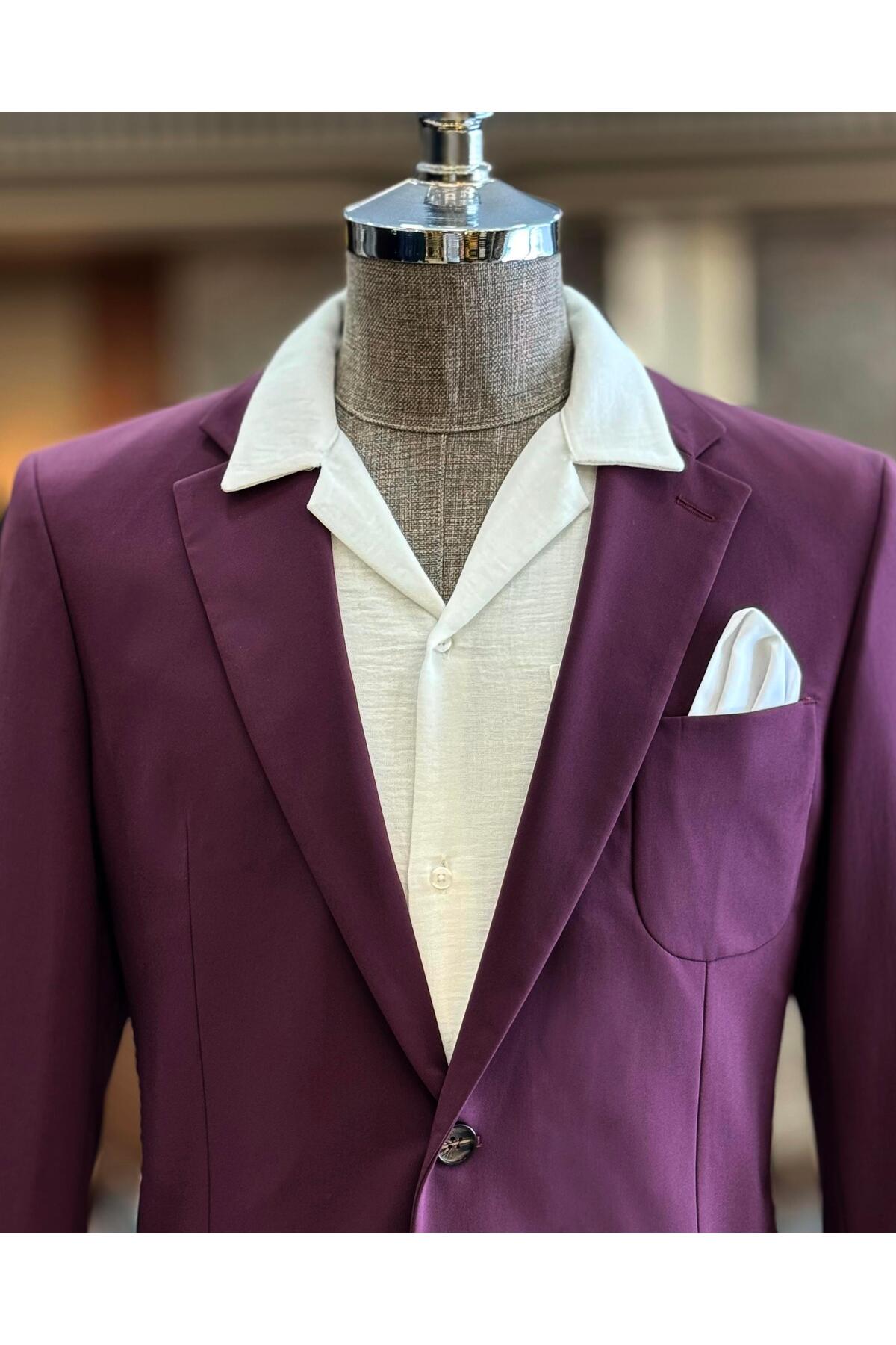 İtalyan stil slim fit erkek ceket pantolon takım elbise morj T12921 — بنفش — تصویر 2 از 3