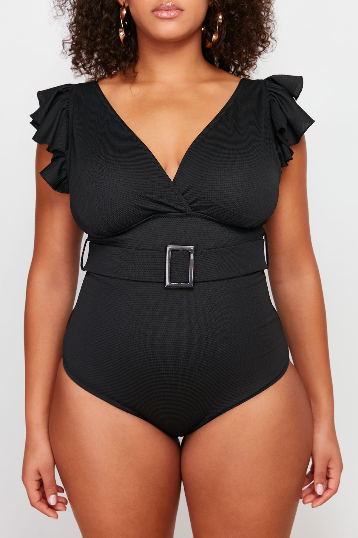 Trendyol Curve-Black Deep V Belted Knitted Plus Size Swimsuit with Recovery Effect Tbbss24Am00015 4