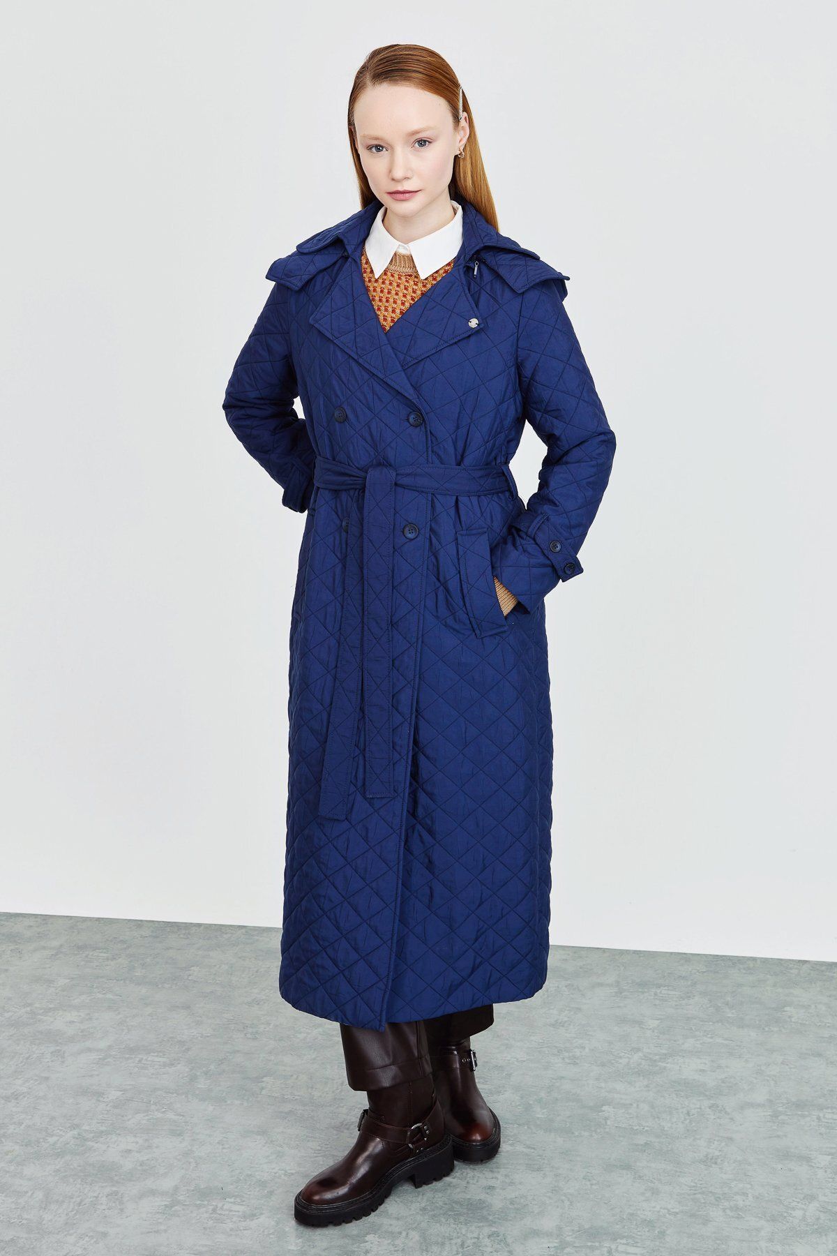 Nihan Thin Quilted Trench Coat Navy Blue Trendyol