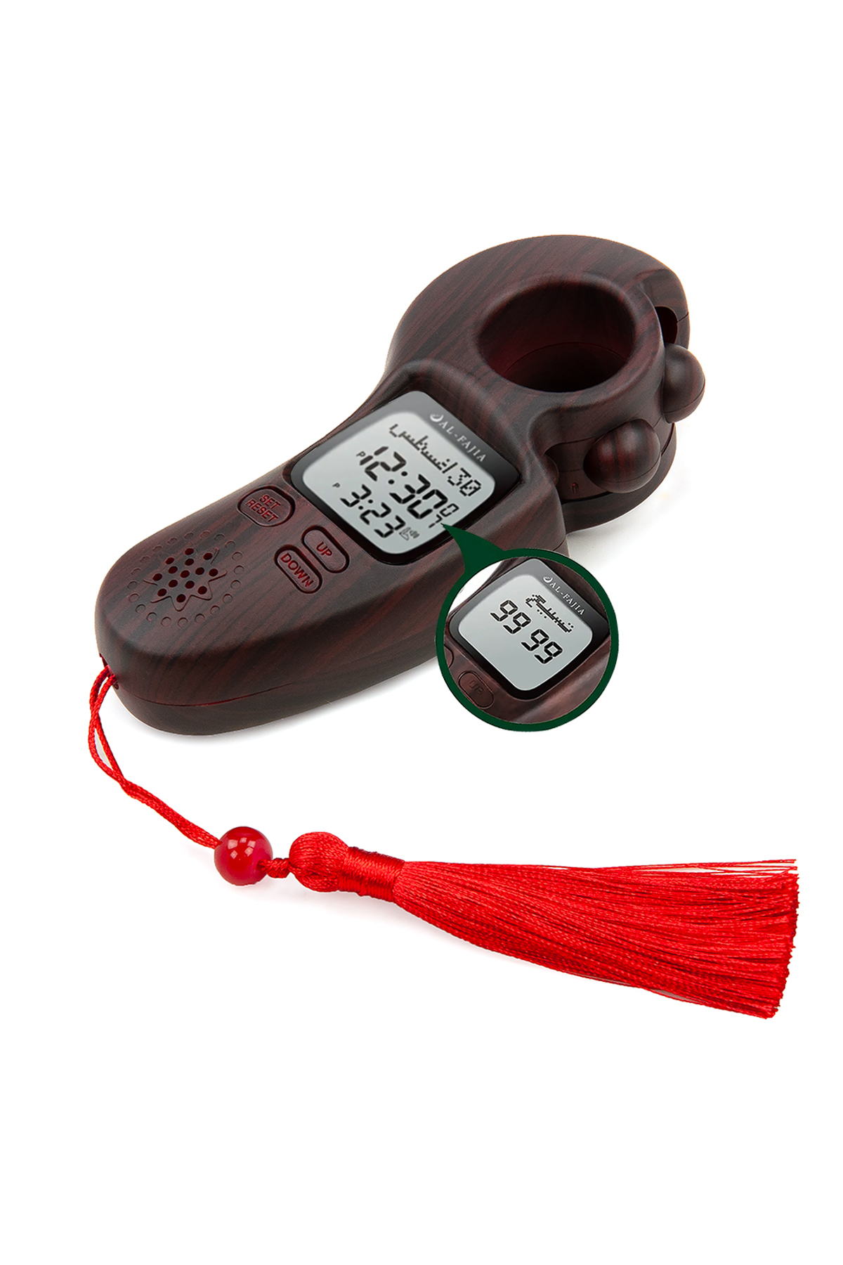 Al-Fajia Digital Meter Tasbih Zikirmatik Dark Burgundy with Luminous Scroll Reciting the Call to Prayer