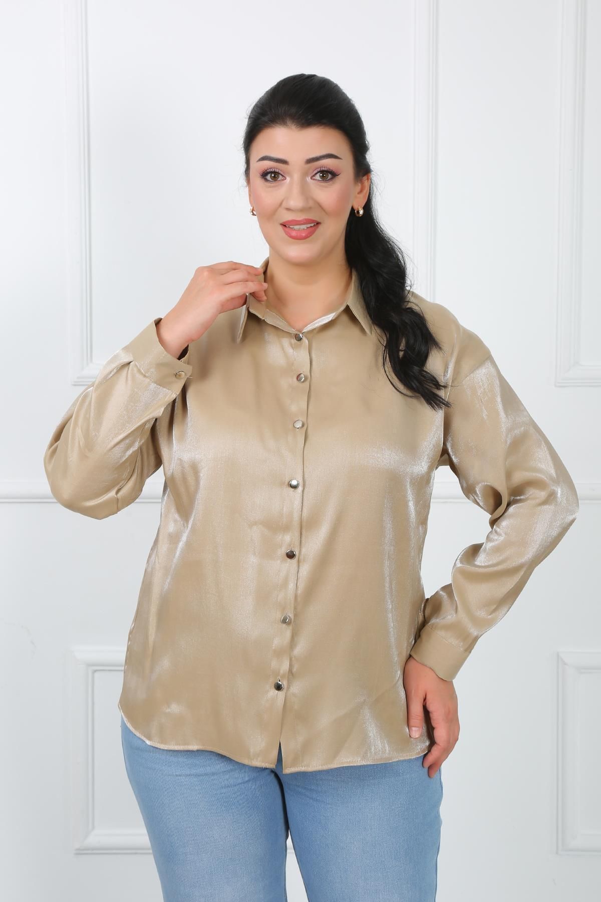 By Alba Collection Kadın Açık Vizon Viskon Mono Kumaş Büyük Beden Gömlek