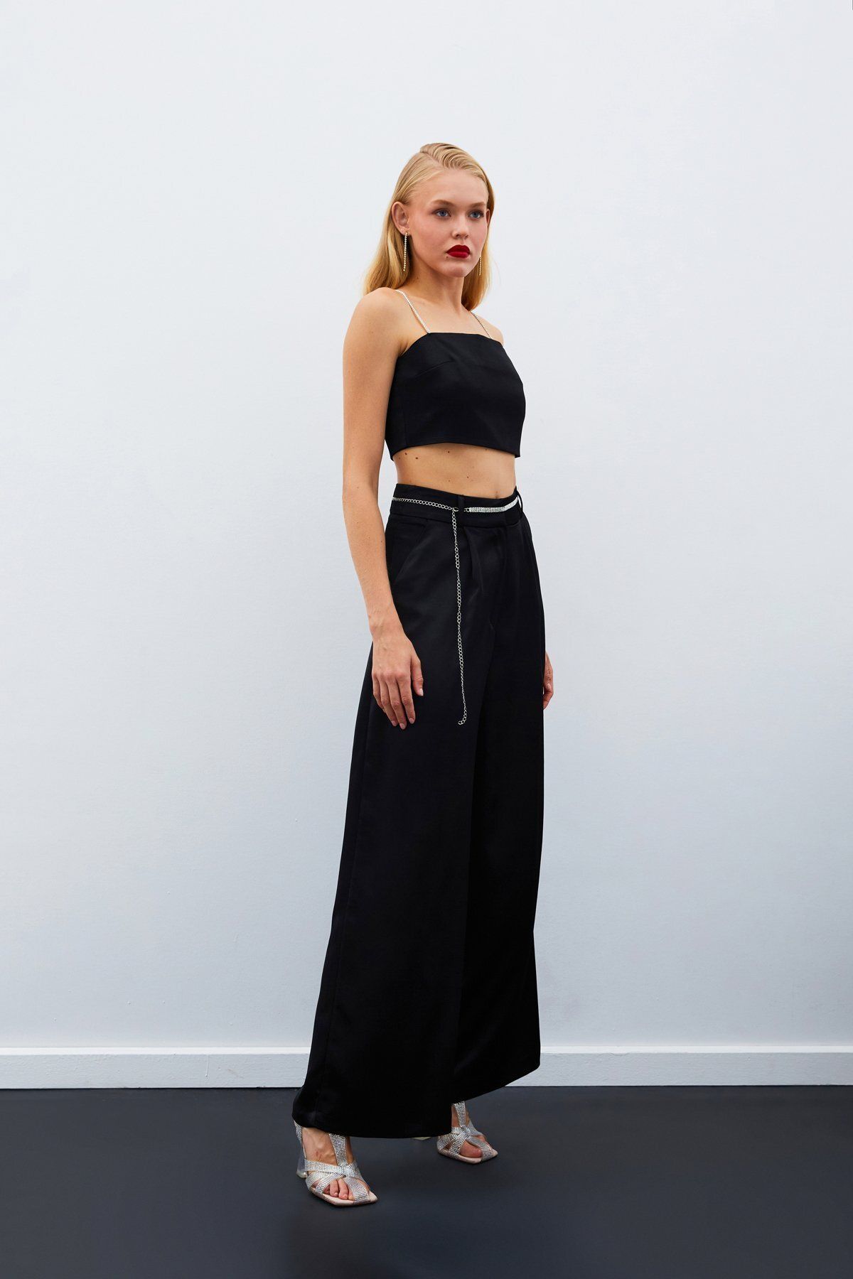 Sateen-Stone Belted Satin Trousers - Black 5