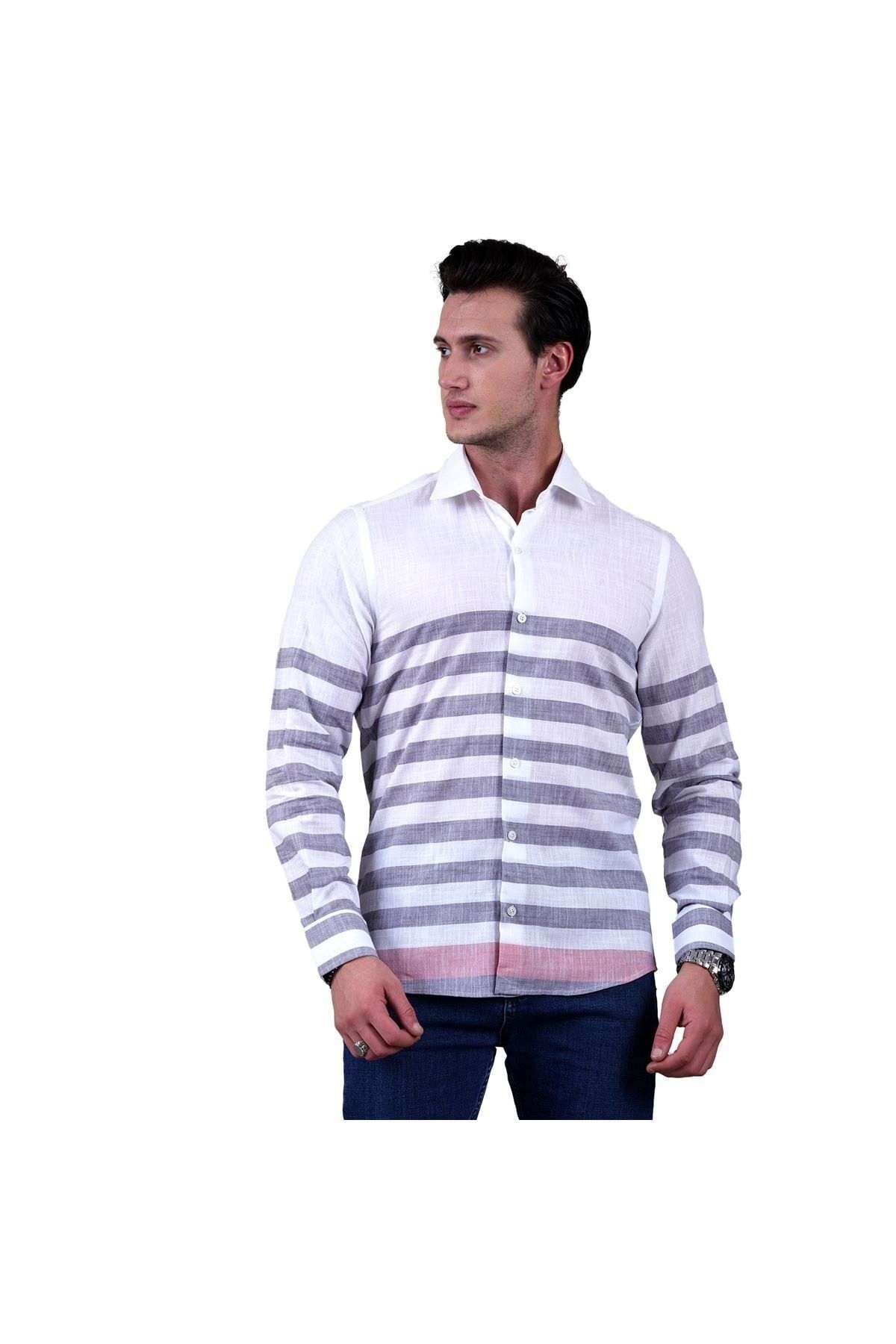 Exve Exclusive-White with Gray Stripes and Red Finish Special Cut Cotton Linen Slim Fit Men's Shirt 2