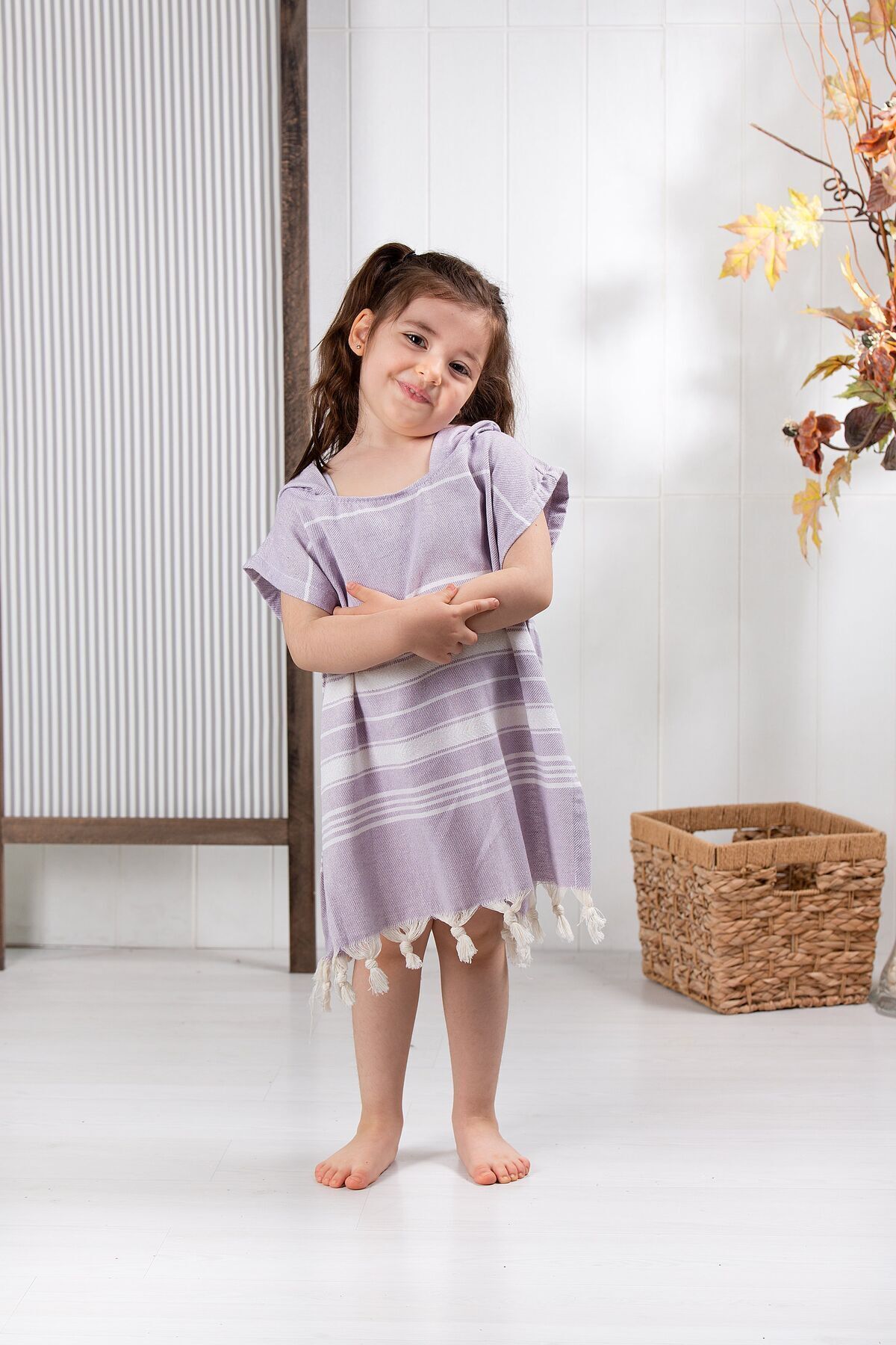 Formeya Bawełniany Dziecięcy Szlafrok Peshtemal Poncho Ręcznik Plażowy Liliowy Unisex - 7–8 years