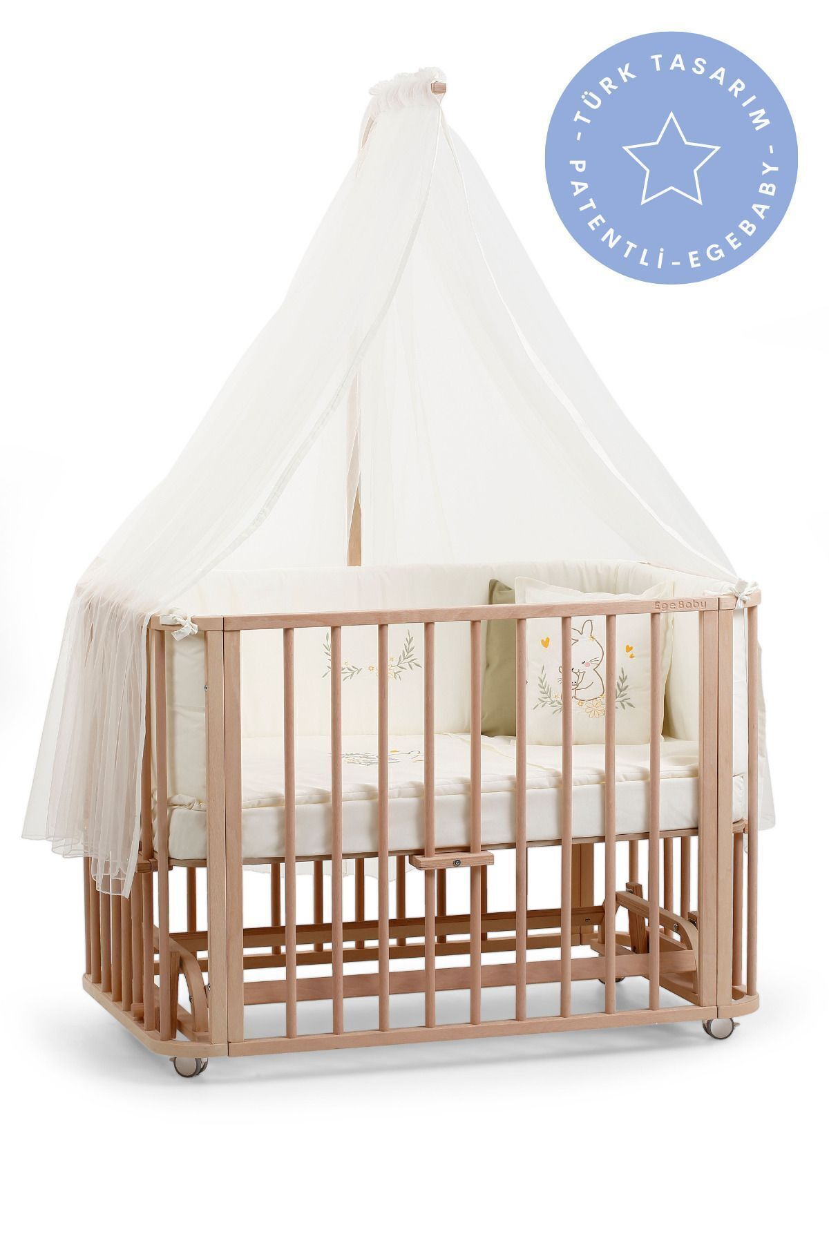 EGEBABY Doğal Ahşap 4in1 Beşik Takım (KM) 70 X 110 Anne Yanı, Karyola, Oyun Parkı, Montessori Junior Yatak