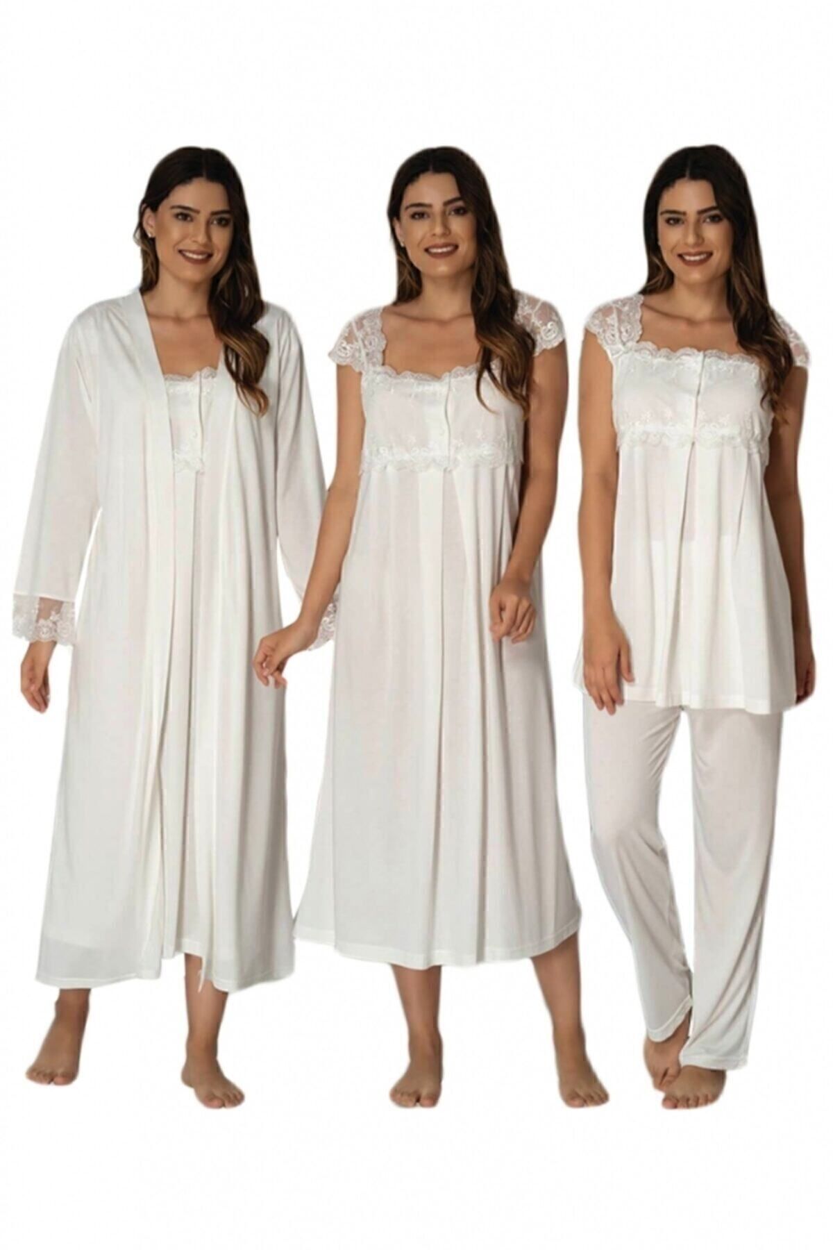 E&C HAMİLE ÇARŞISI Kadın Kısa Kol Ekru Nina Lohusa Pijama Gecelik Sabahlık Set