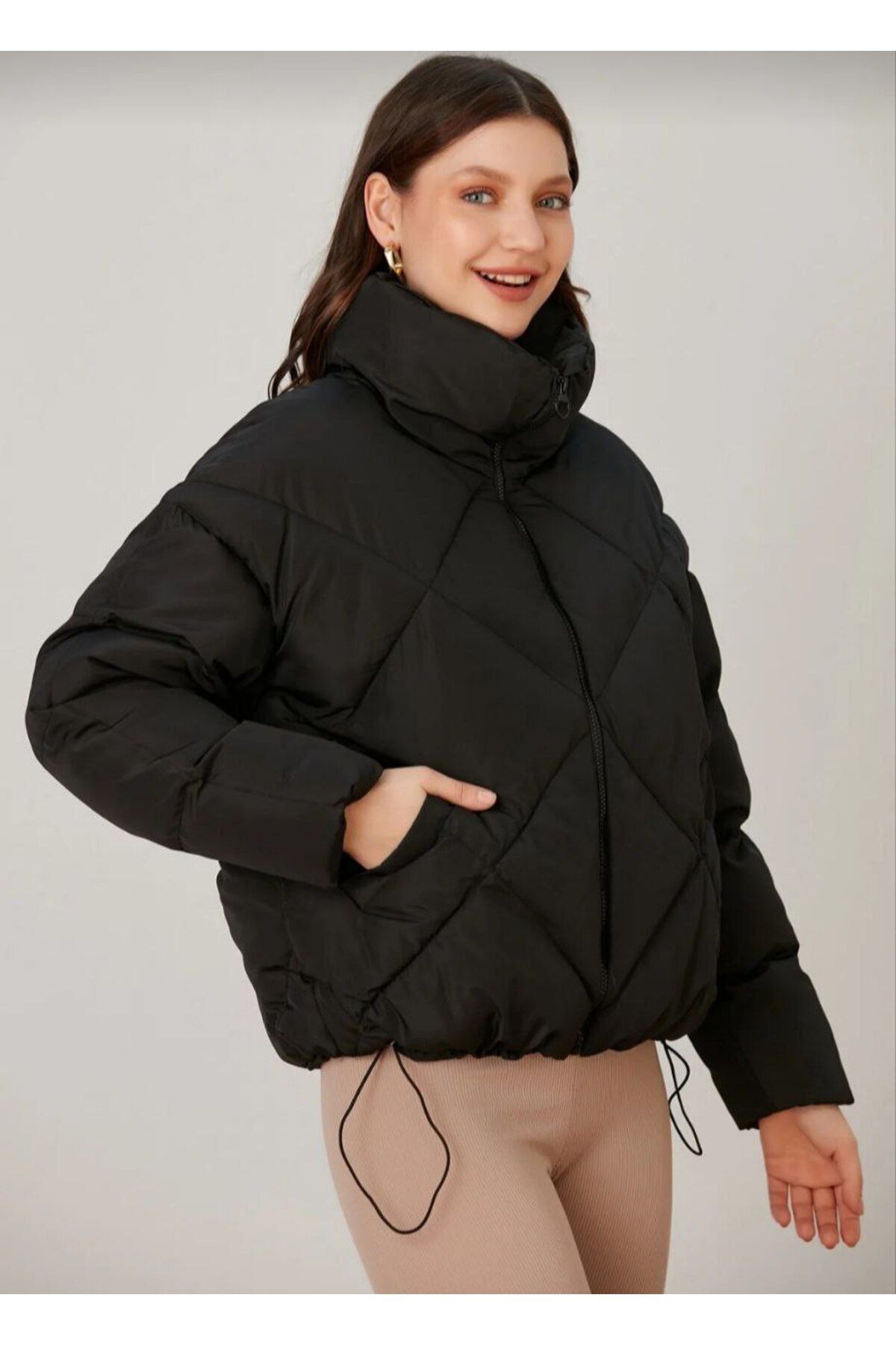 Doudoune oversize à col large motif losange pour femme - Görsel 2