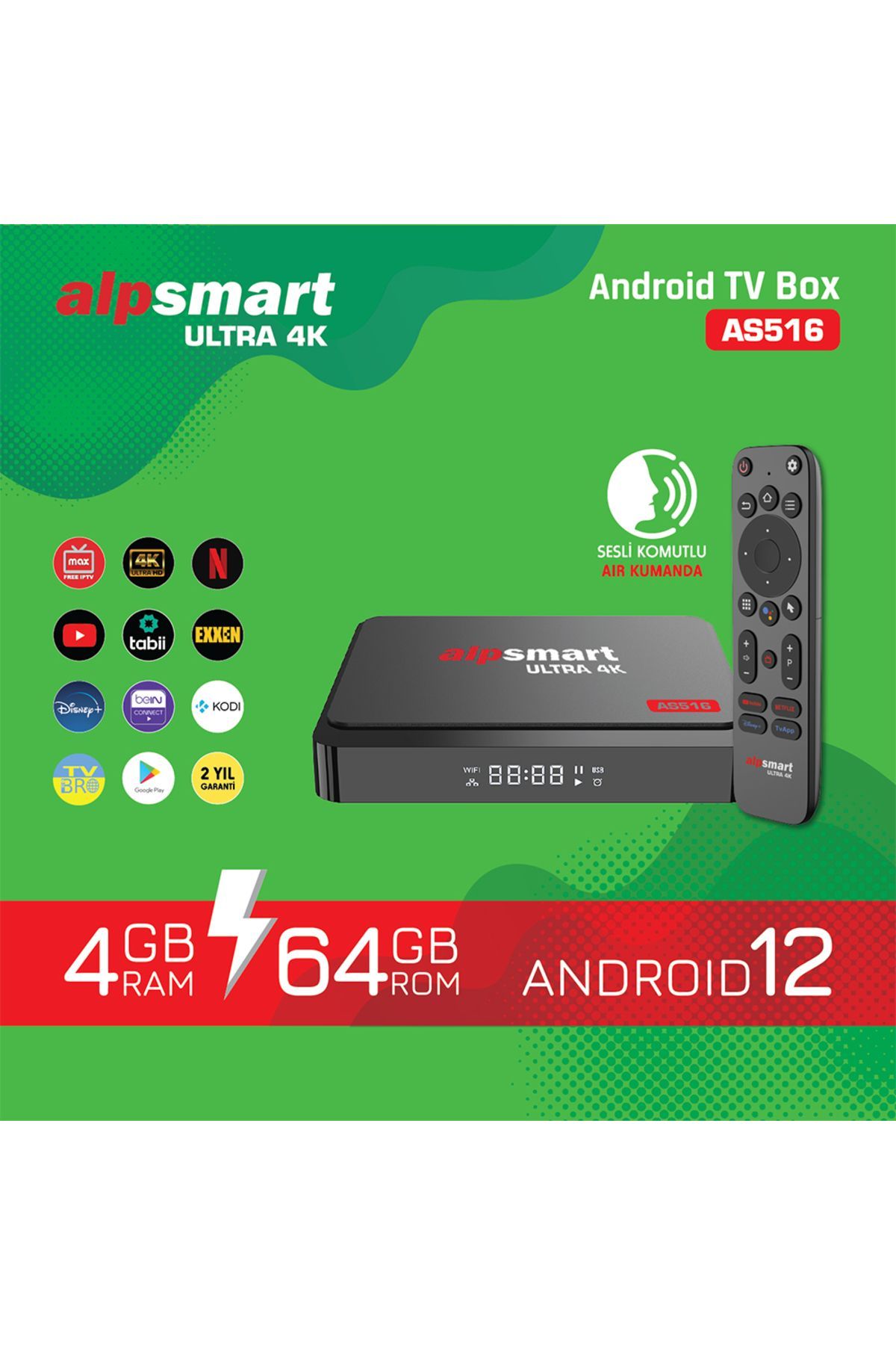 As516 Androıd Tv Box Ses Komutlu Kumanda 4 Gb Ram 64 Gb Hafıza