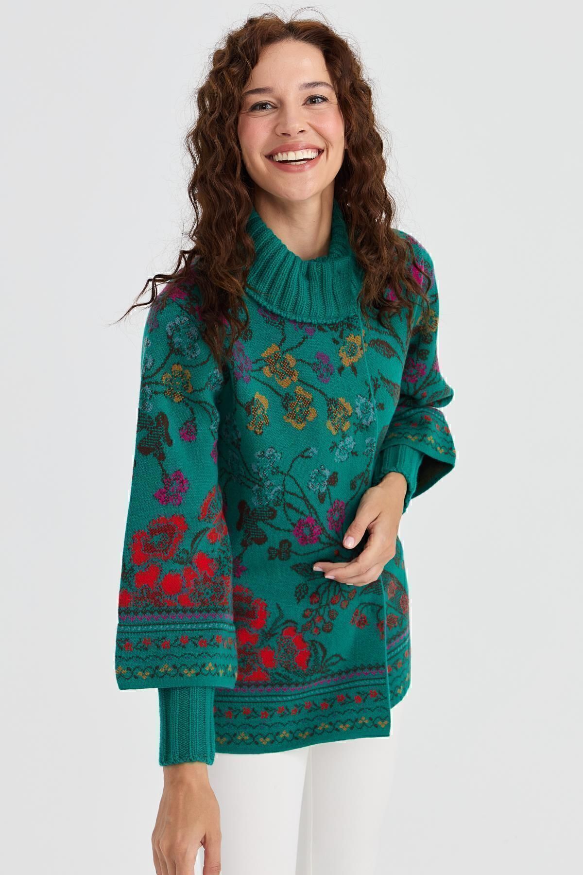 Desen Triko  Kadın Dik Yaka Sarmaşık Çiçekli Yün Ceket A.ö.başı - Görsel 6