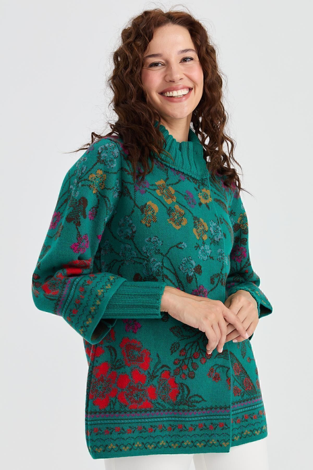 Desen Triko  Kadın Dik Yaka Sarmaşık Çiçekli Yün Ceket A.ö.başı - Görsel 8