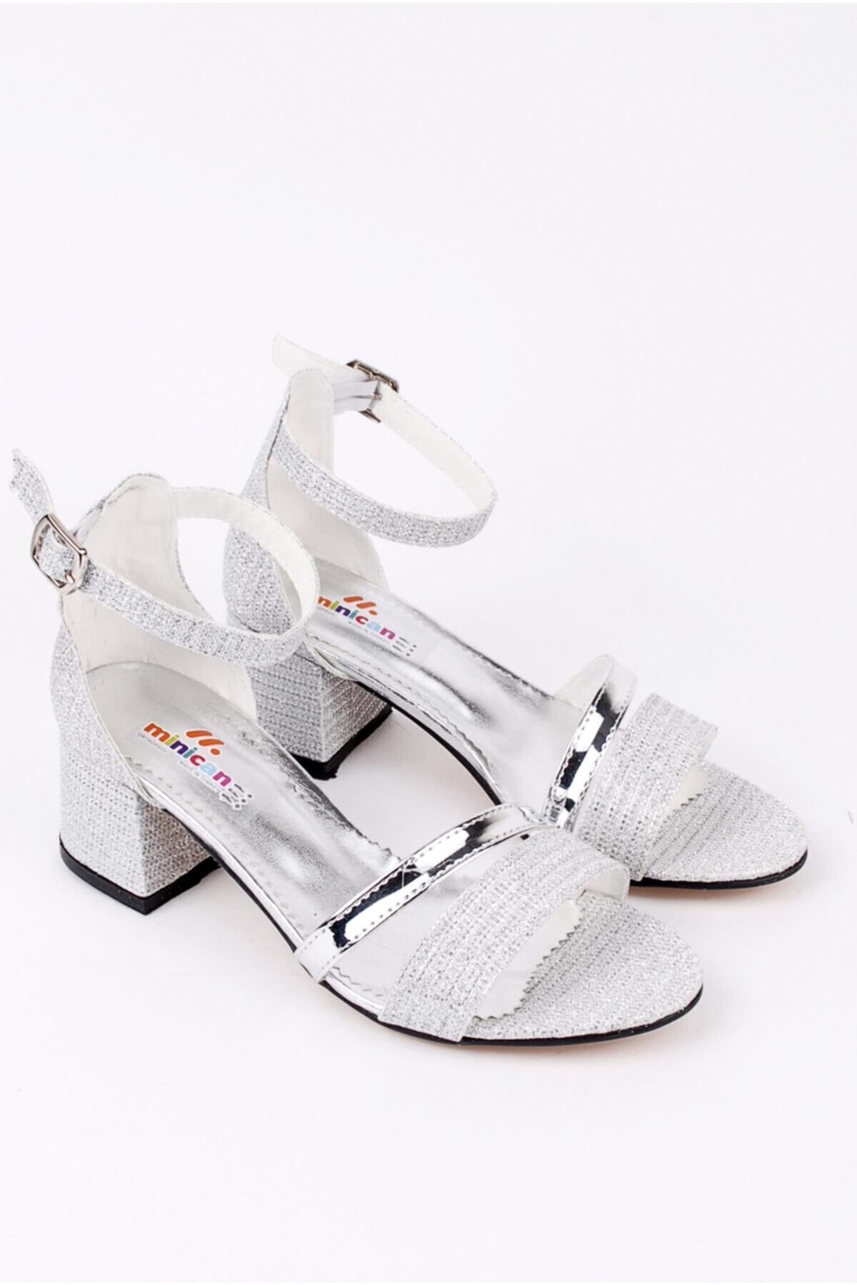 Girls' Silver Ankle Buckle Heeled Evening Shoes