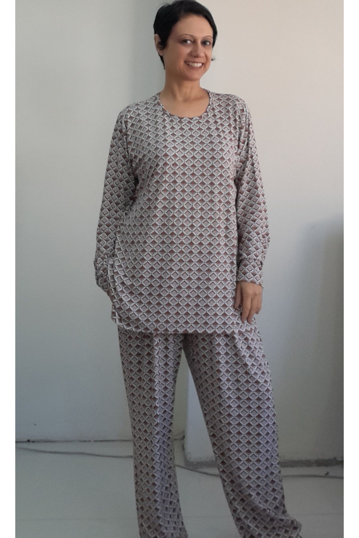 Mertcan Butik-Mink Brown Patterned Combed Cotton Viscose Pajama Set - Top and Bottom Set 3