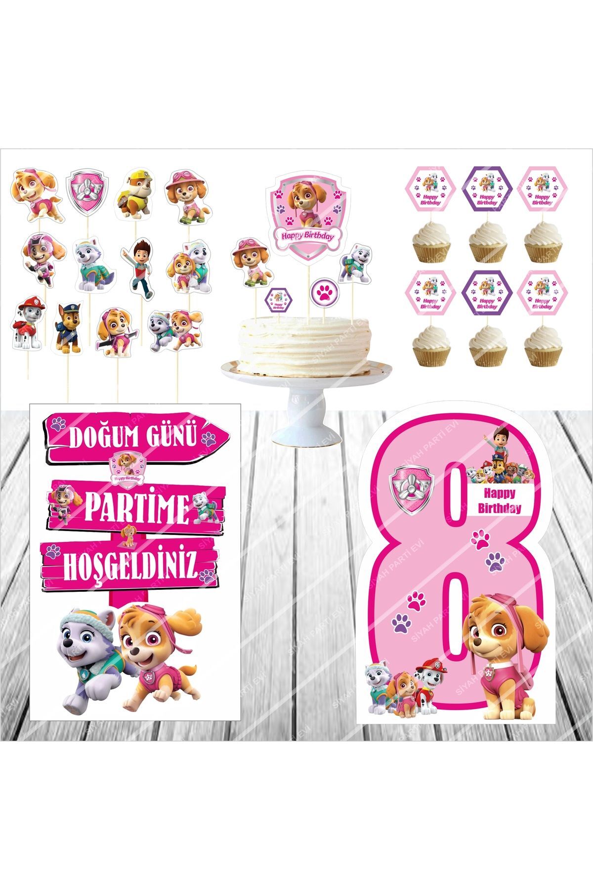 Paw Patrol Skye 8 Yaş Doğum Günü Masa Maketi / Pasta Süsü Seti