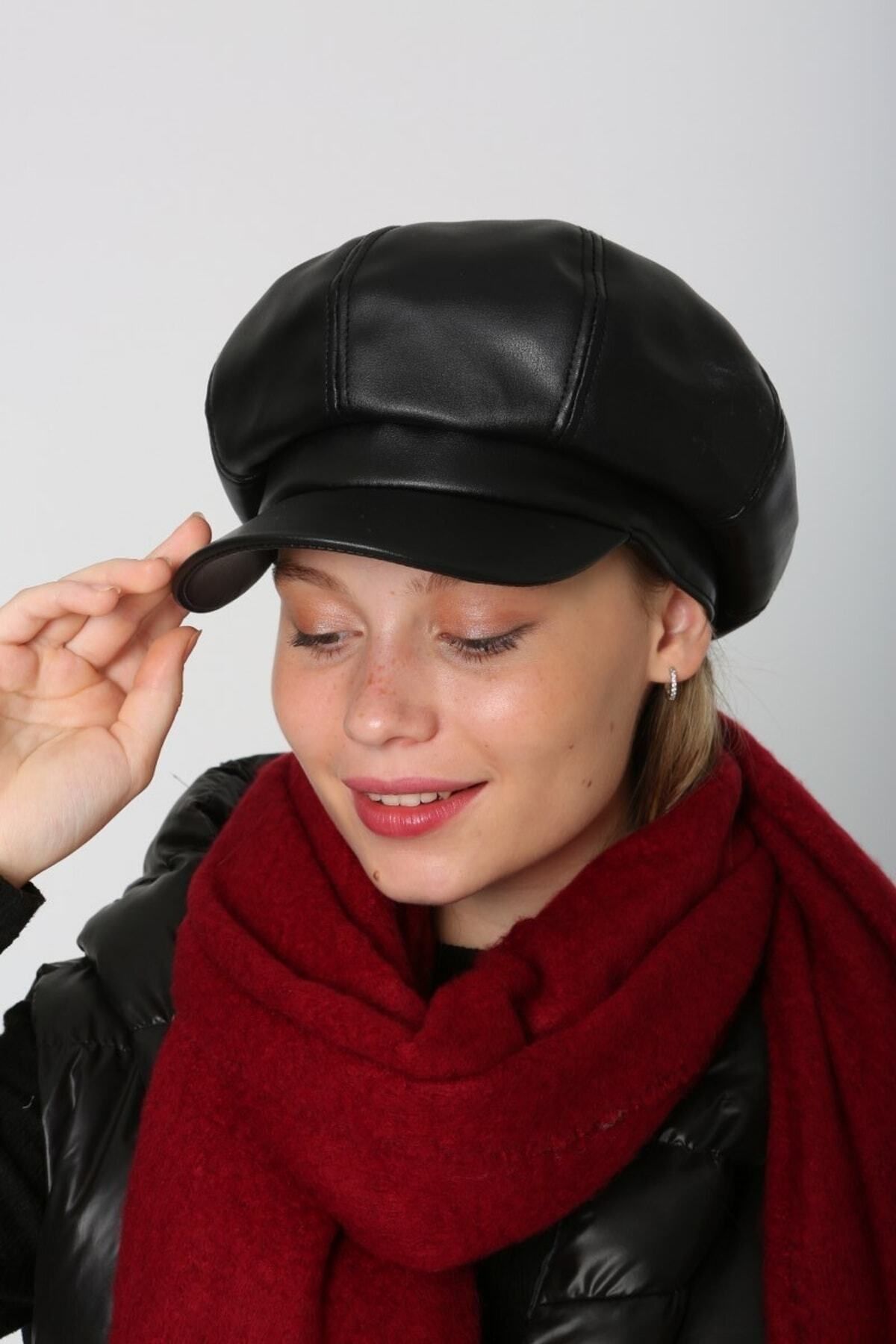 Luminos Butik-Black Leather Hat - Button Detailed and Visor Design Spk1131 2
