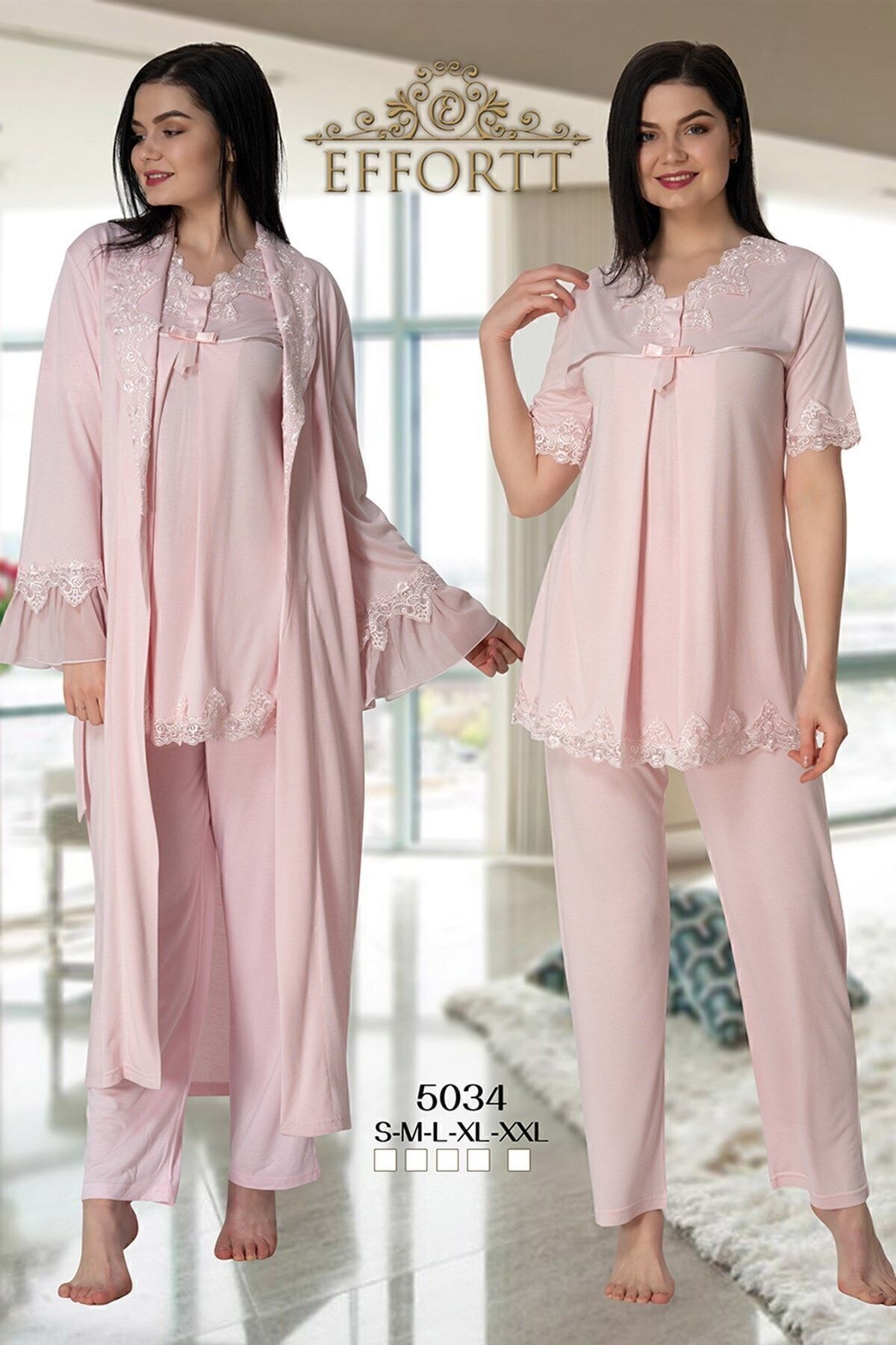 Effortt 5034 Set De Pijamale De Maternitate Roz Pudrat Cu Halat Lung Femeie - M