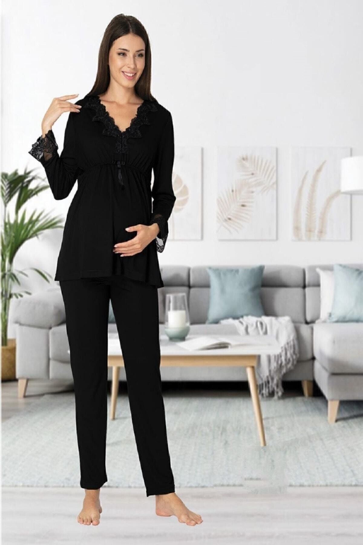 Effort Pijama-Zerre Bebe Women's Black Long Sleeve Maternity Pajamas Set Dressing Gown Maternity Set 2