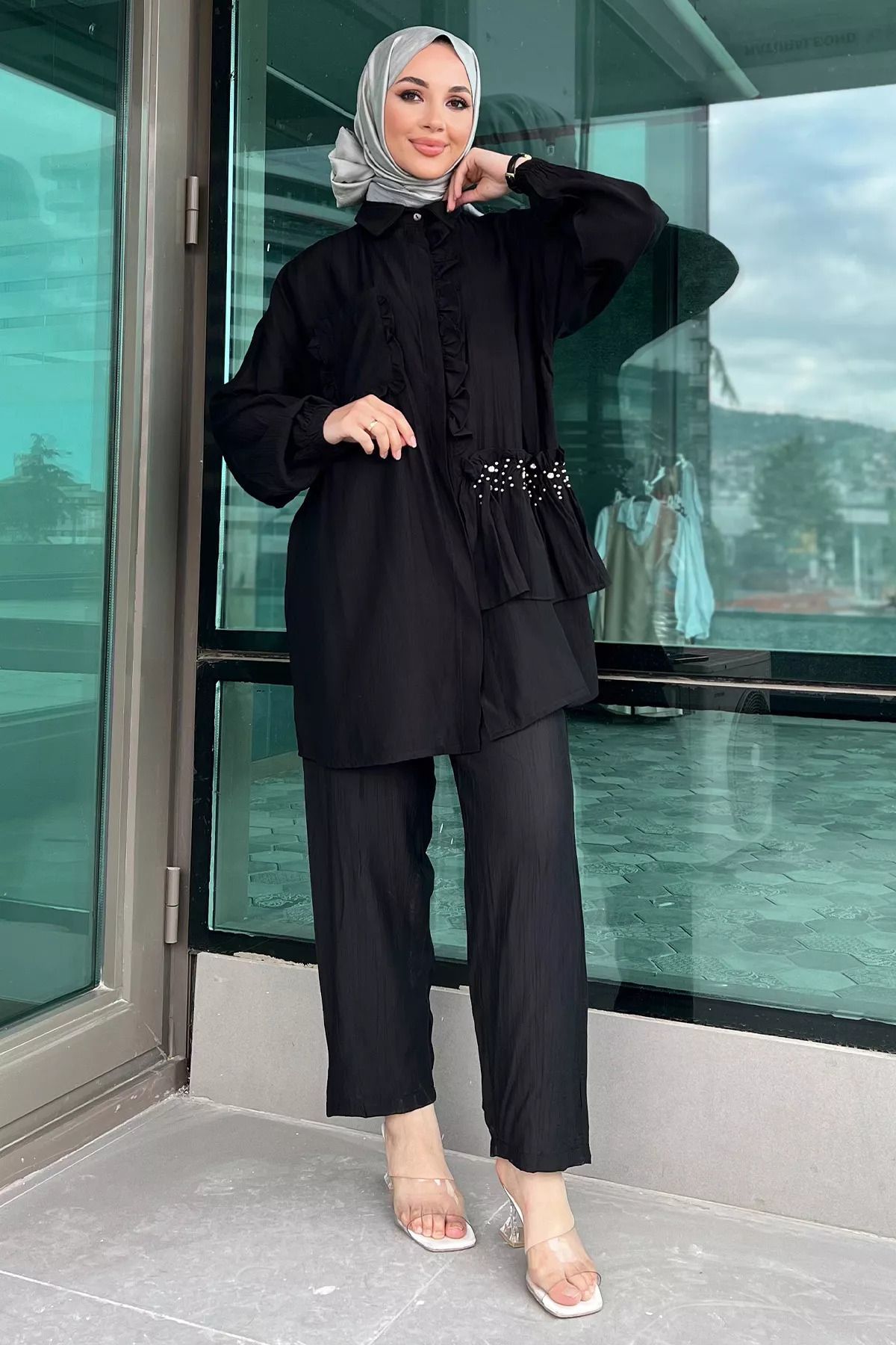 julude-Hijab Double Suit - Black Drawstring Pearl Tunic and Trousers 3