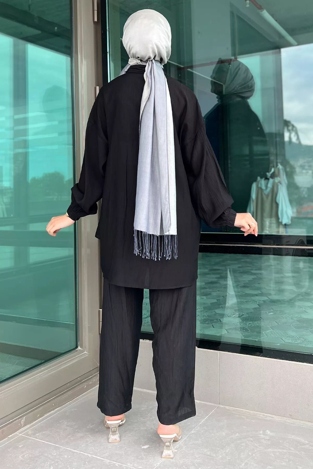 julude-Hijab Double Suit - Black Drawstring Pearl Tunic and Trousers 4