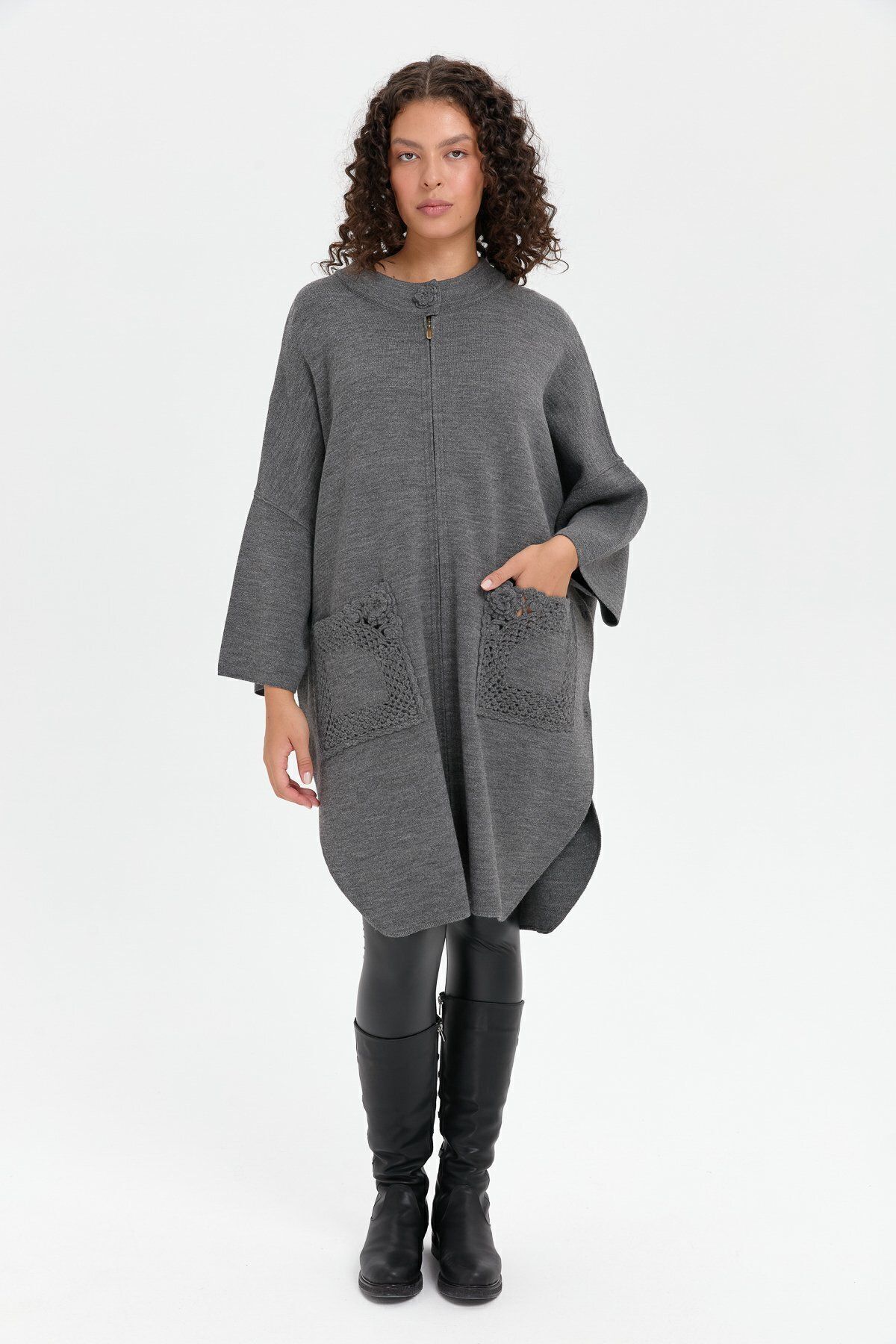 Women's Upright Neck Pocket Rose Embroidered Zippered Poncho Grey Melange