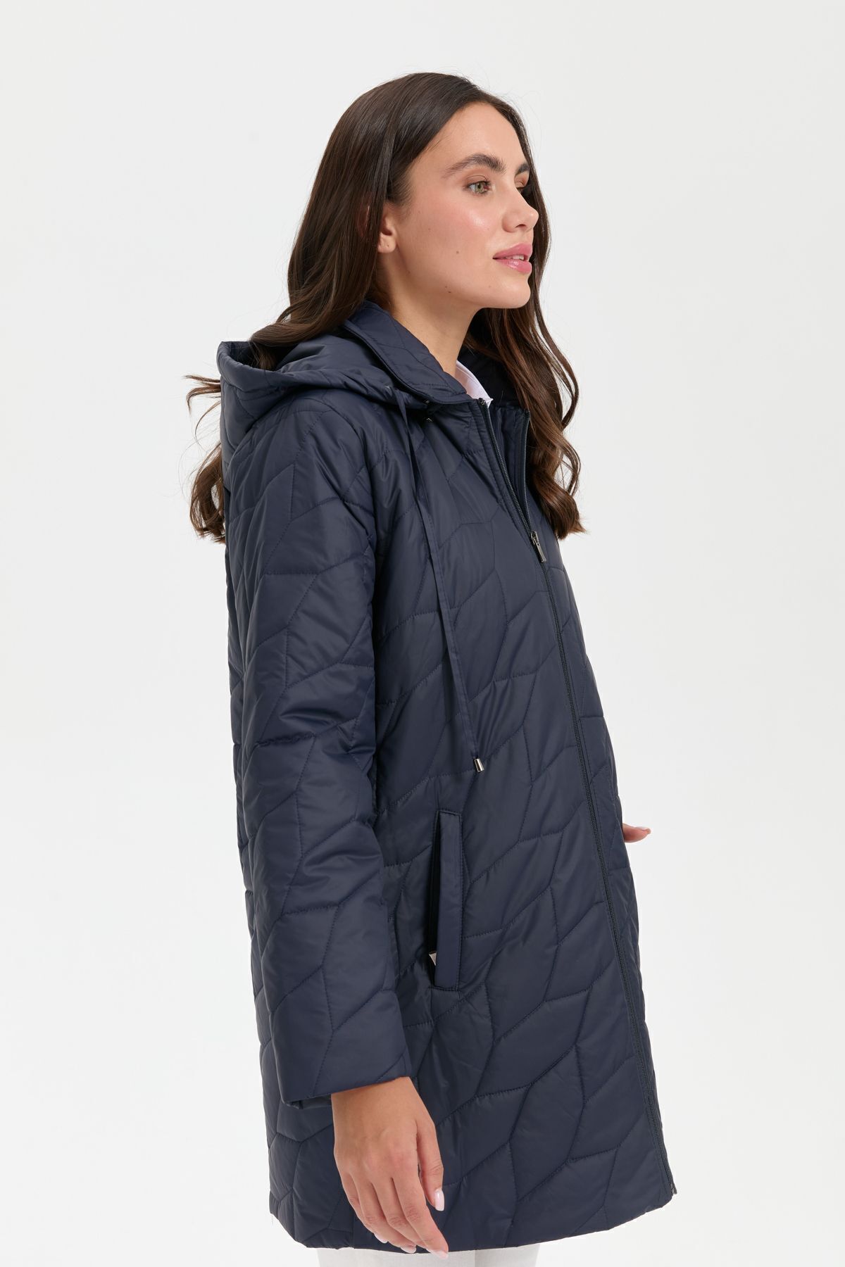 Desen Triko  Kadın Polo Yaka Yanları Çıtçıtlı Yaprak Desenli Araboy Kapitone Kaban Lacivert - Görsel 6