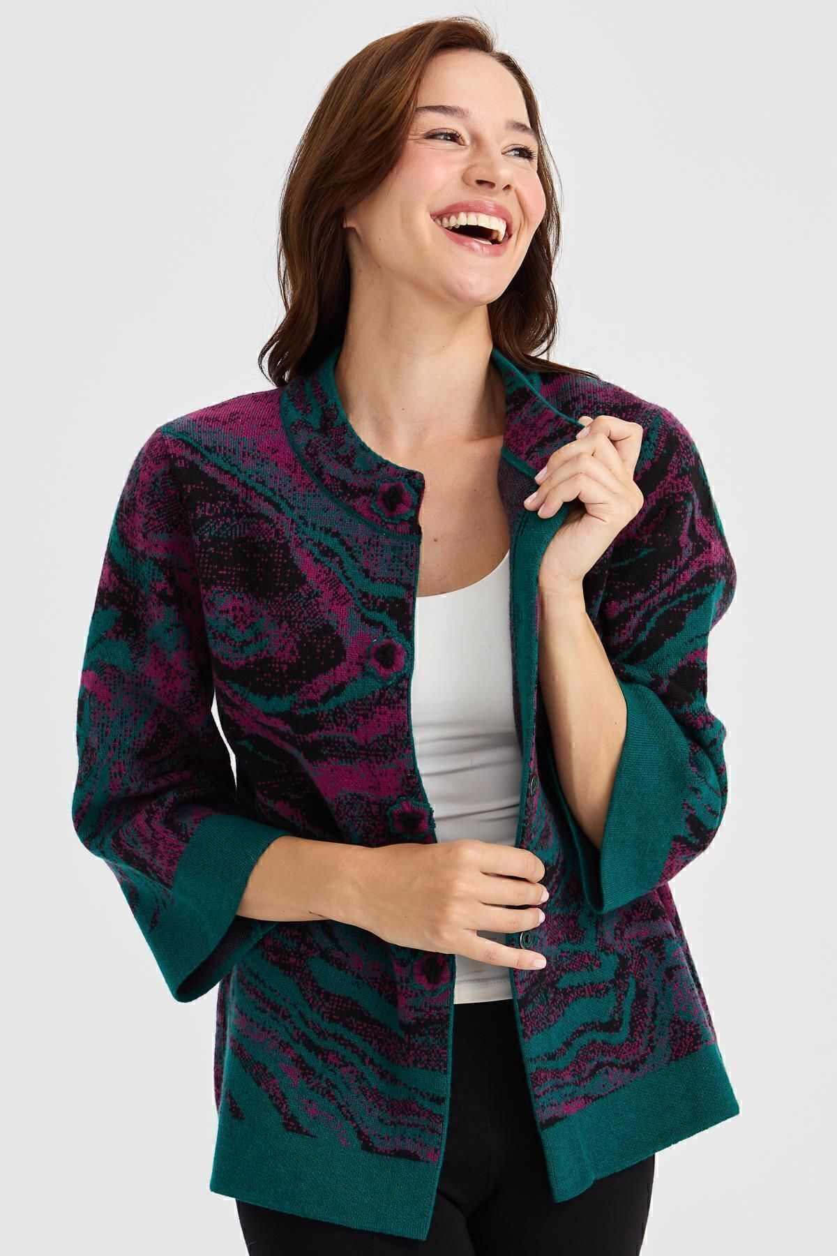 Desen Triko-Jachetă de lână cu model ondulat colorat cu guler pentru femei Bc 8