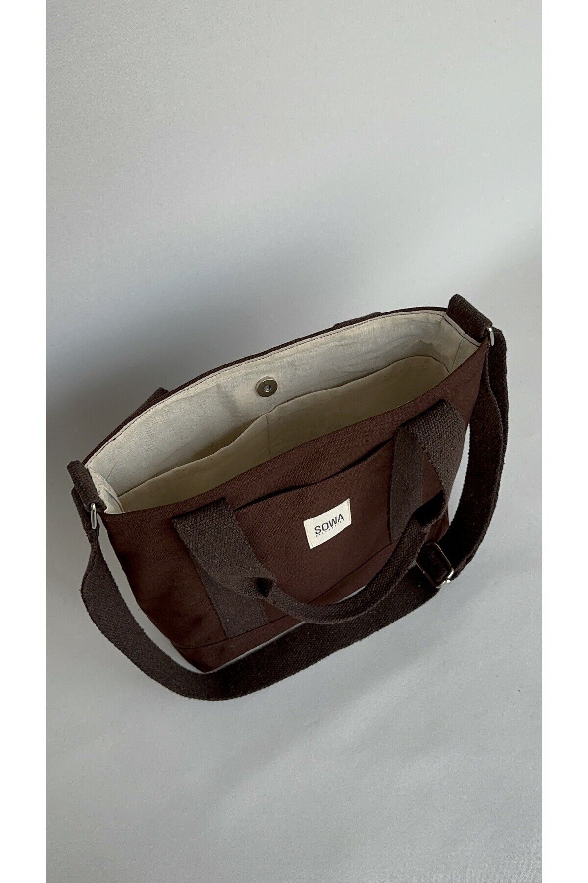 Sowa Collection Kanvas Kahve Çıtçıtlı Çanta Ayarlanabilir Çapraz Askılı Kadın El Ve Omuz Çantası U:30 E:35 G:10 Cm görsel 2