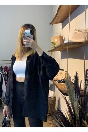 Jolinbutik Bol Kesim Oversize Standart Beden Tensel Kumaş Siyah Gömlek