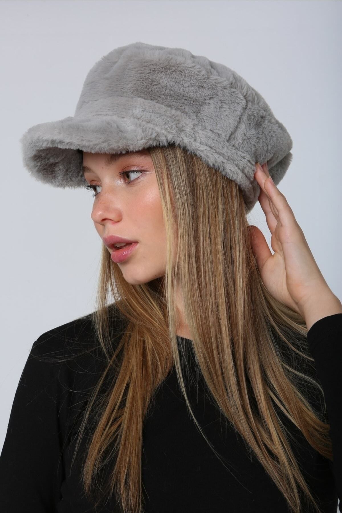 Luminos Butik-Pălărie gri de iarnă - Accesoriu din blană groasă, caldă, pufoasă Spk1128 3