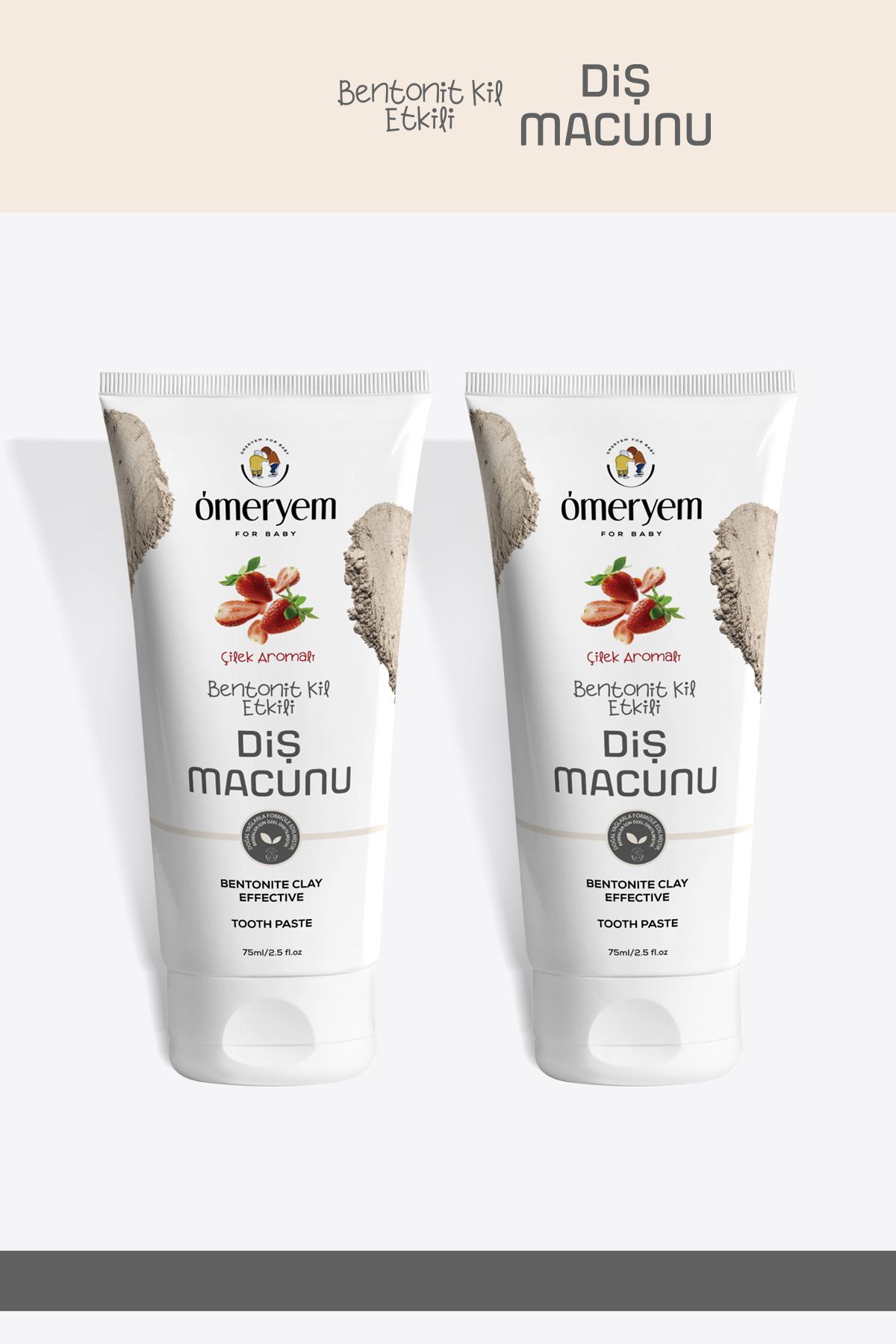 OMERYEM İkili Set - Bentonit Kil Etkili Doğal Çilek Aromalı Doğal Diş Macunu - 75ml