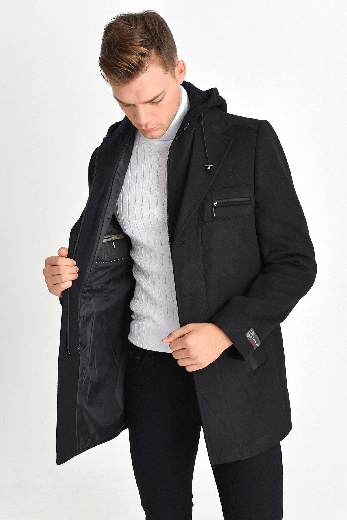 DYNAMO-Men's Black Wool Blend Cashmere Hooded Coat with Zipper and Buttons on the Front 3