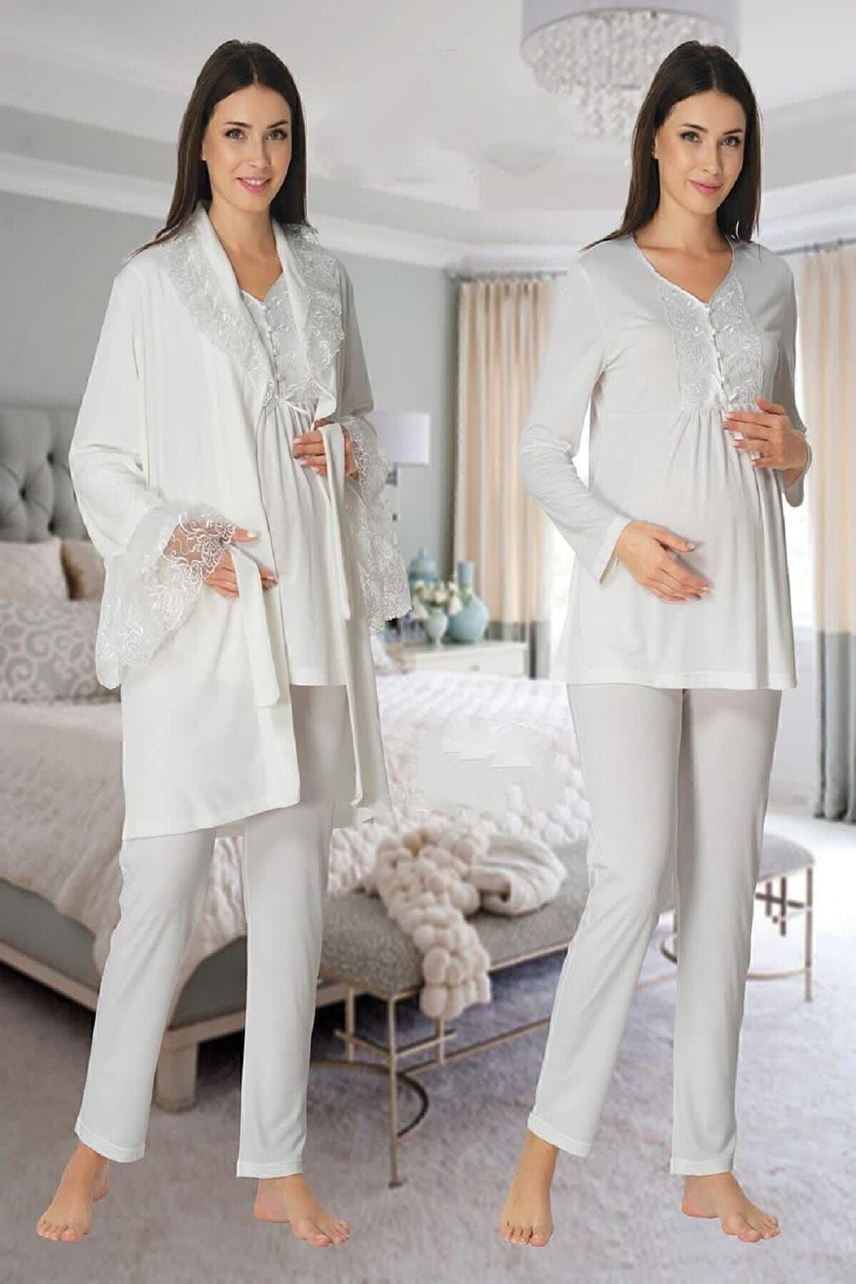 Effort Pijama-Zerre Bebe Women's White Velvet Maternity Pajama Set with Dressing Gown 8088 1