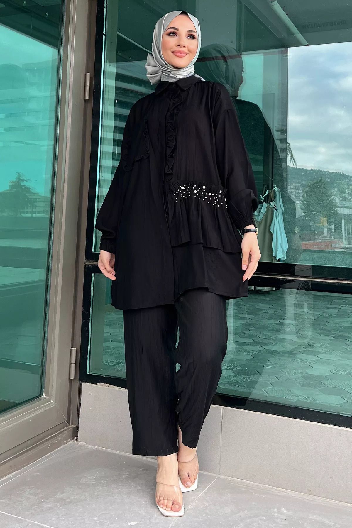 julude-Hijab Double Suit - Black Drawstring Pearl Tunic and Trousers 1