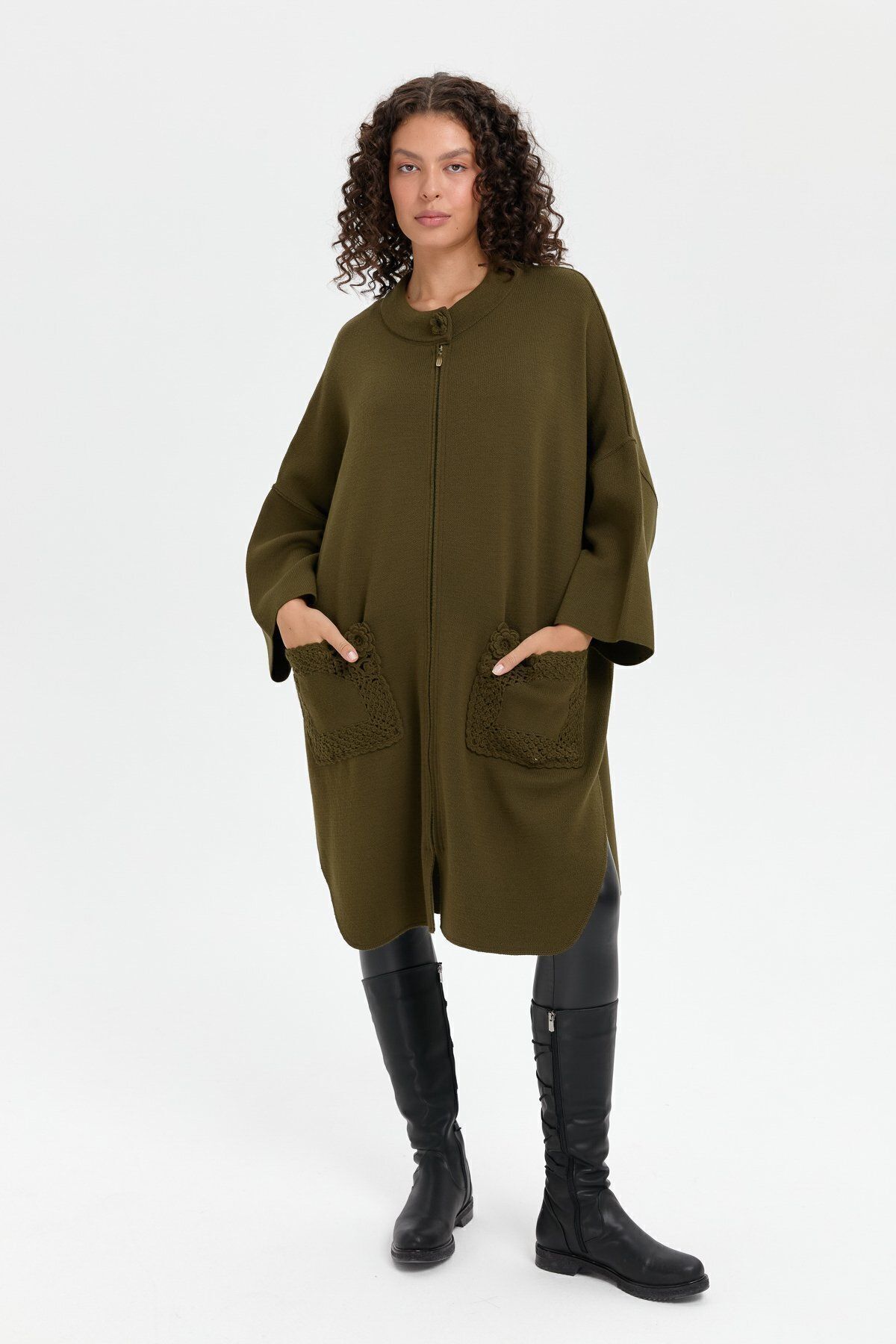 Women's Upright Neck Pocket Rose Embroidered Zippered Poncho Khaki