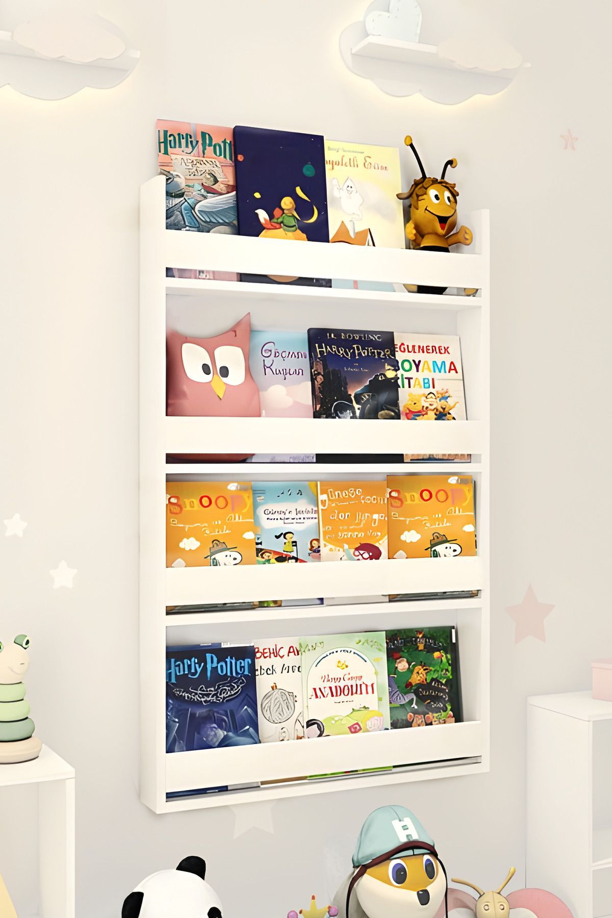 Montessori Çocuk Odası Kitaplığı Eğitici Kitaplık 4 Raflı Beyaz Kitaplık