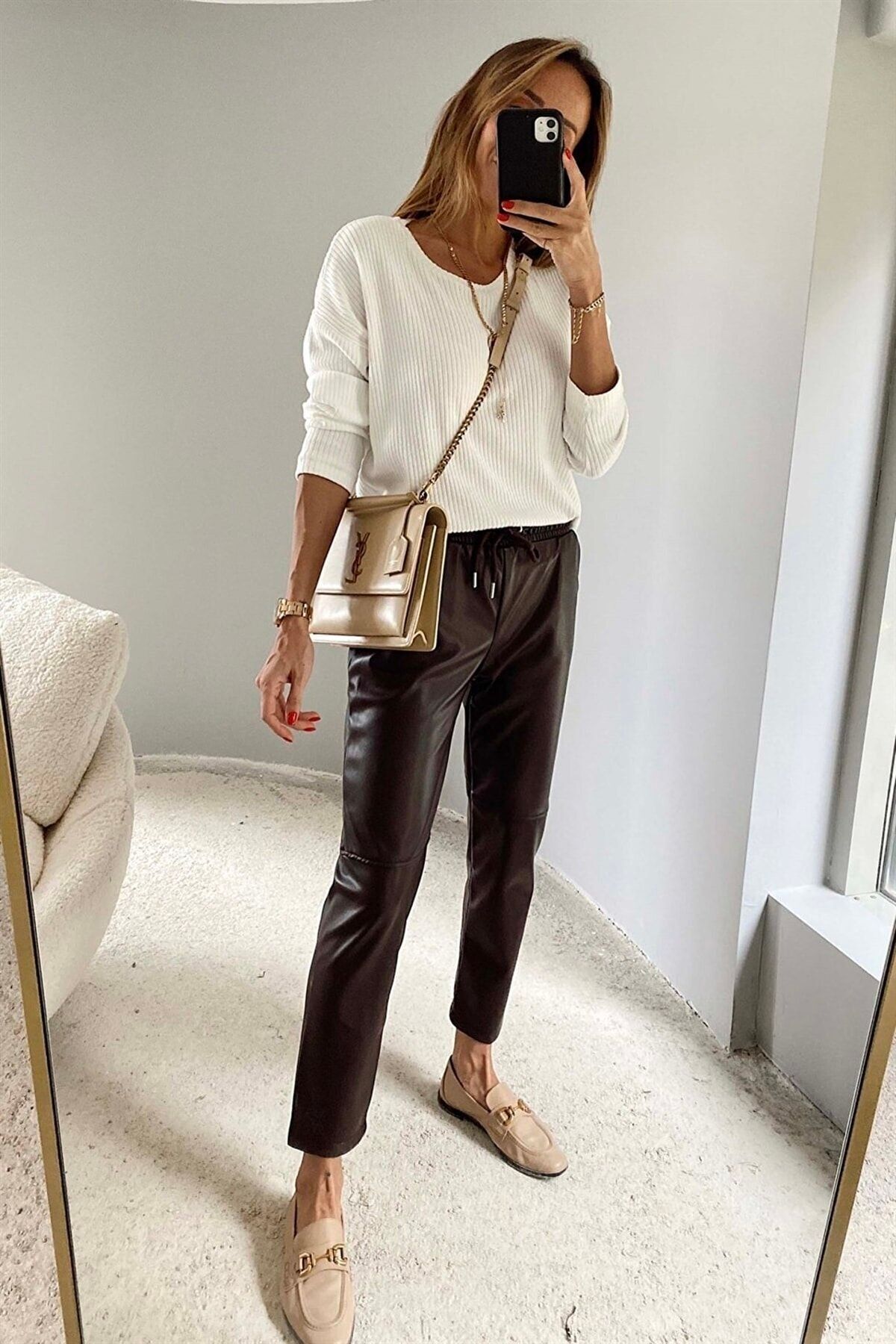 LOS FECHKA Barna bőrnadrág - fűzős derék