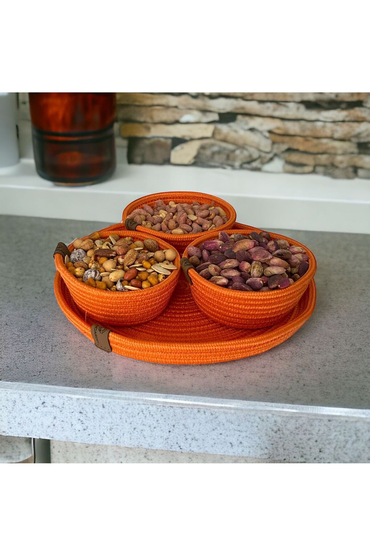 3-piece presentation snack set jute wicker presentation bowl with tray