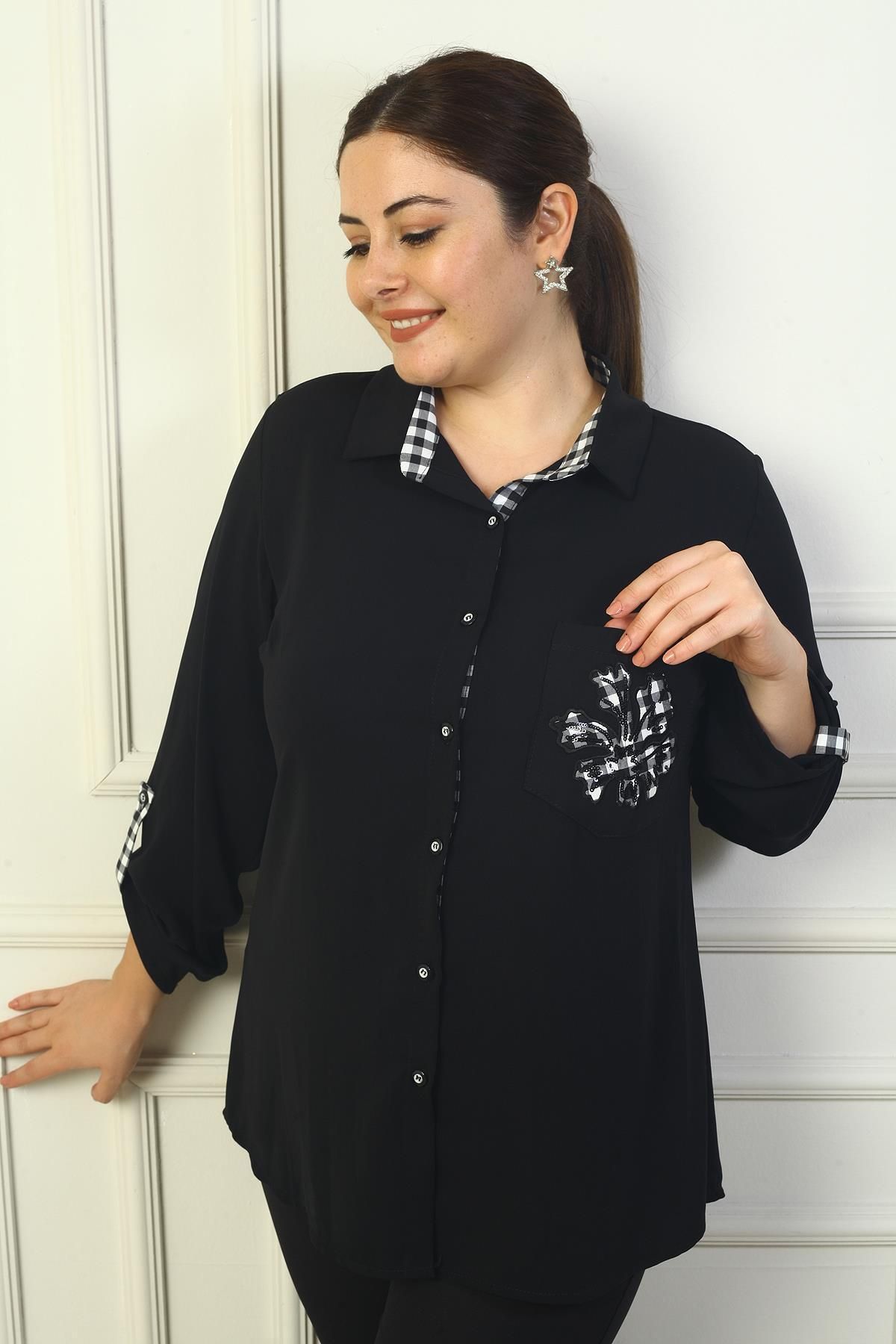 By Saygı-Plus Size Viscose Shirt - Pocket Applique and Sleeve Fold 3