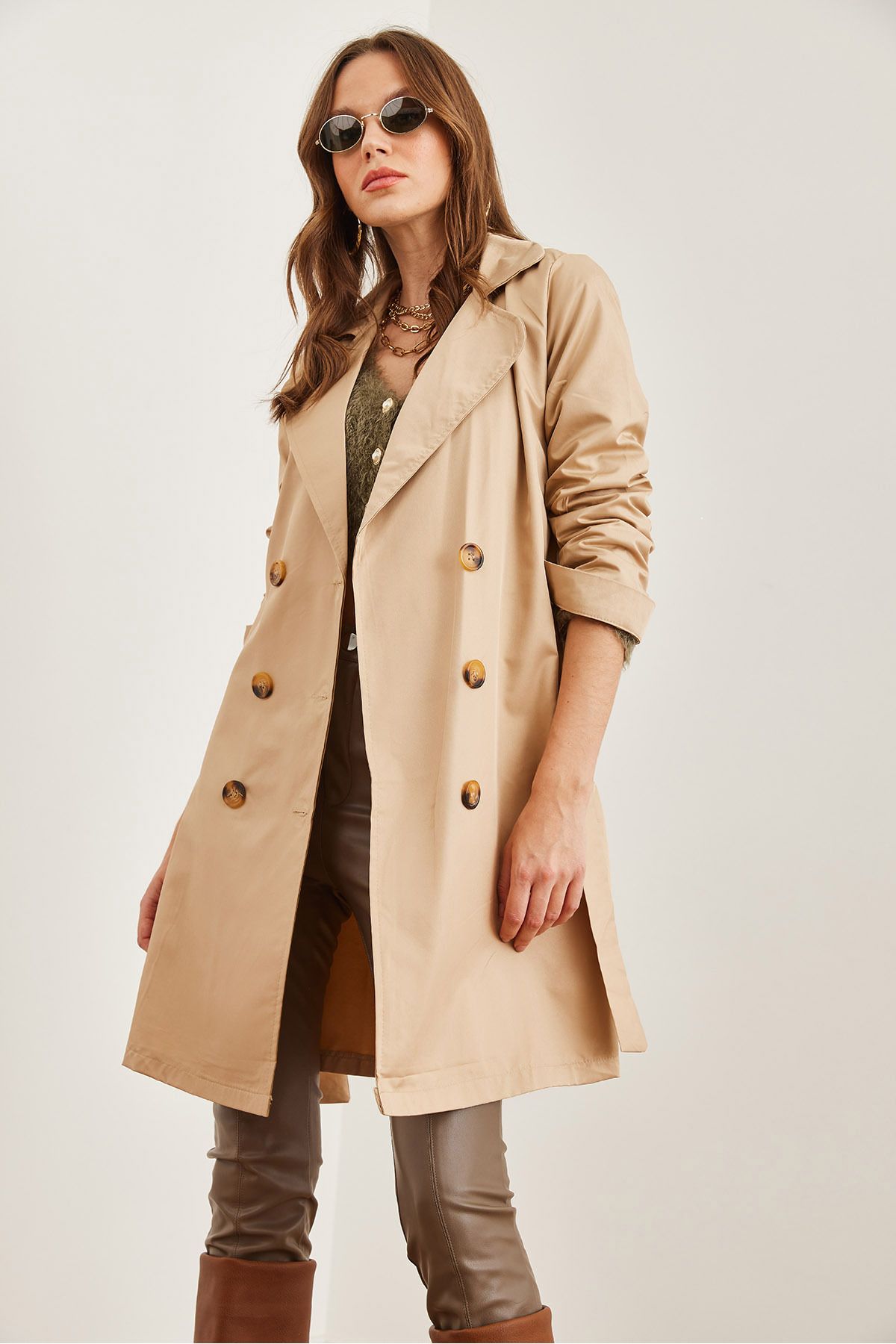 Olalook-Beige Thin Trench Coat - Buttoned and Pocketed, Unlined, Trc- 00000008 6