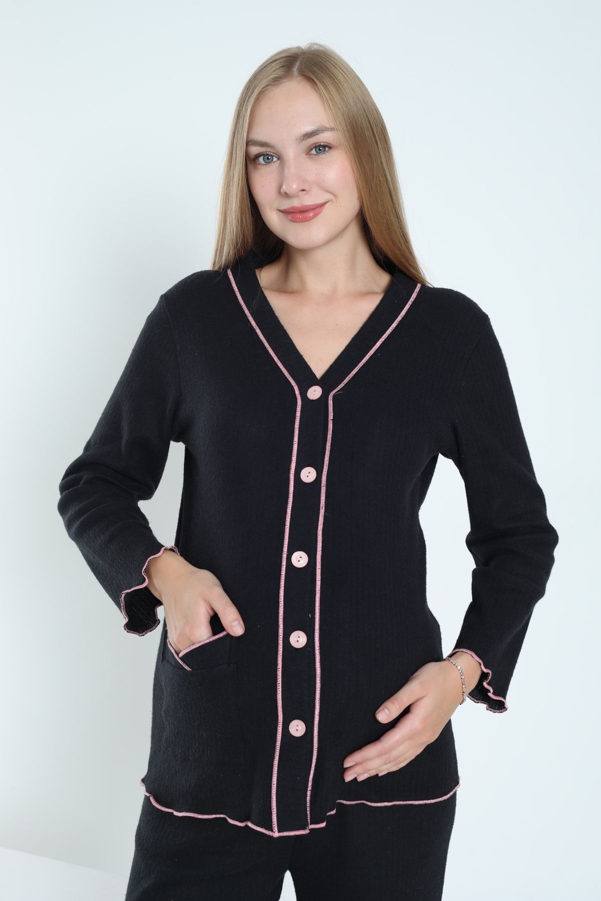 Miss Dünya Lissa Önden Düğmeli Ayarlanabilir Bel Kol ve Paça Fırfır Detaylı Hamile ve Lohusa Pijama Takımı fotoğrafı 6 (önizleme)