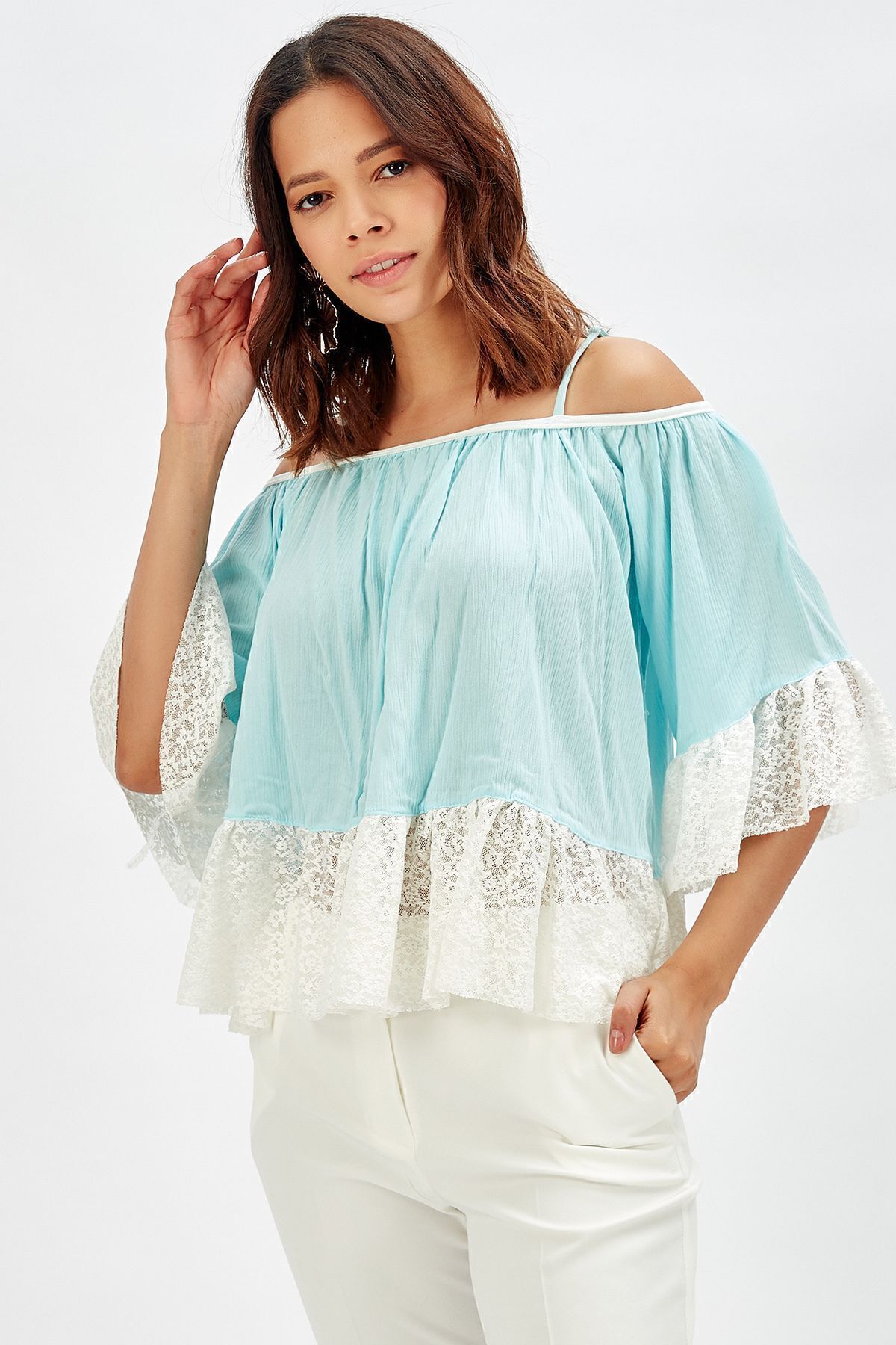 Sense-Rochie de seara din stofa Sile albastru deschis - Bluza cu bretele cu volane si maneci 3