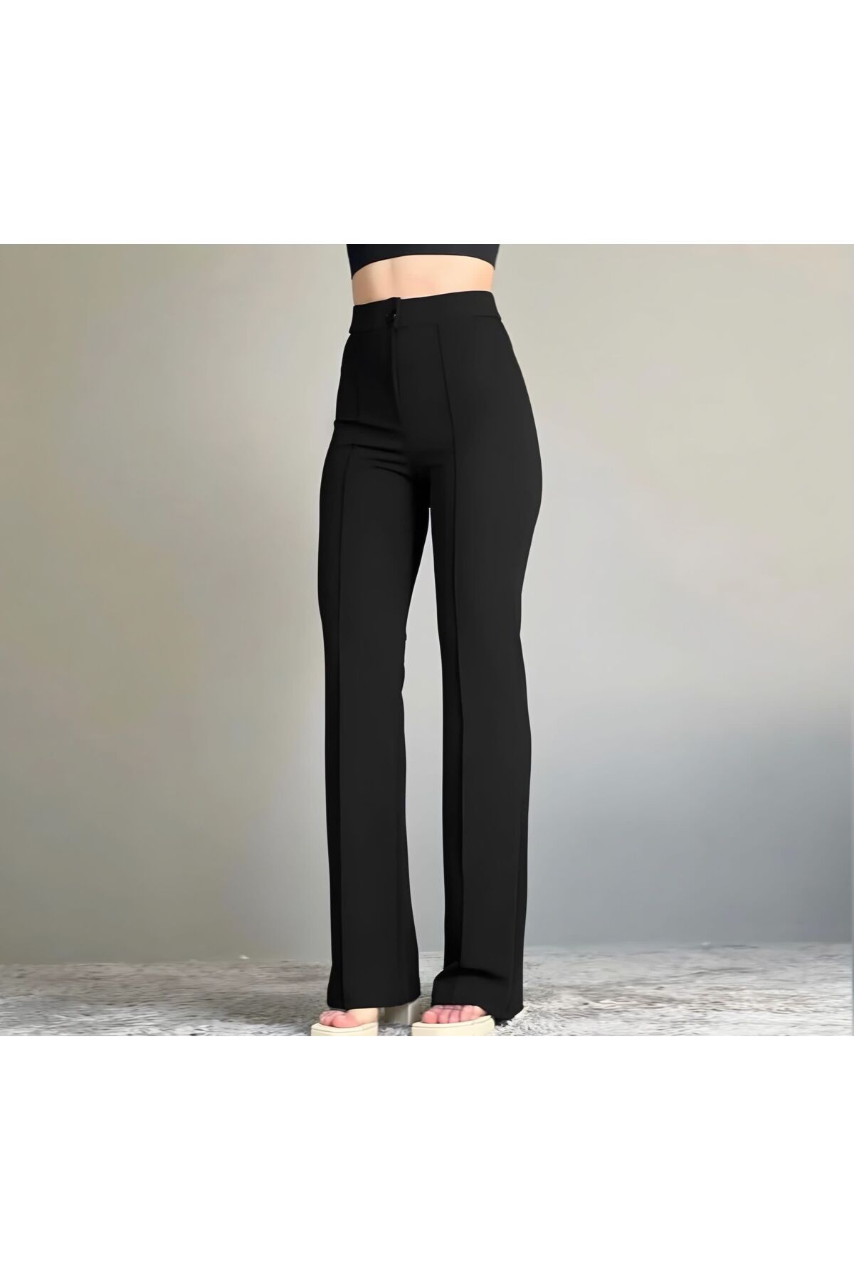 Butik Krep Kumaş Likralı Ön Çimalı İspanyol Paça Palazzo Kadın Pantalon görsel 5