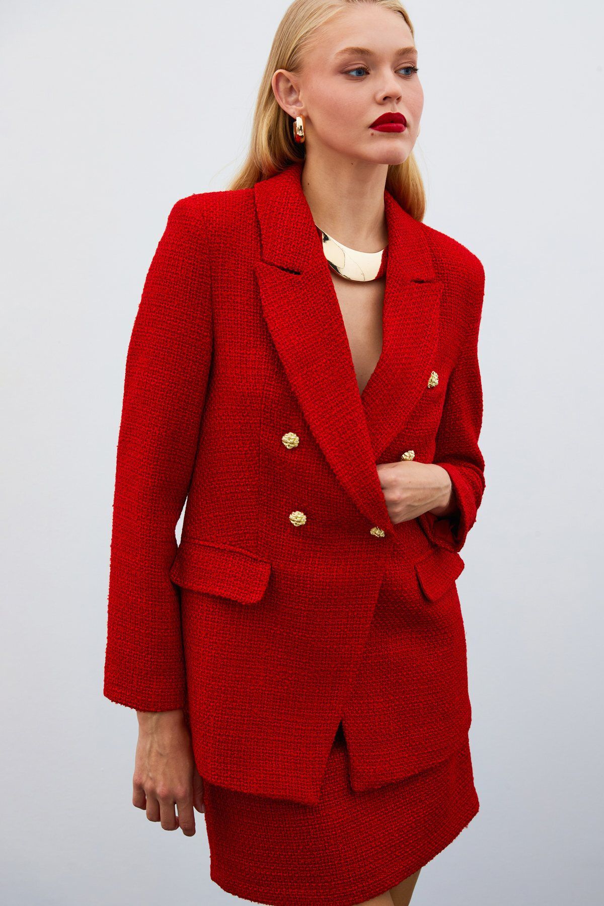 Sateen-Red Tweed Jacket - Button Detailed 3