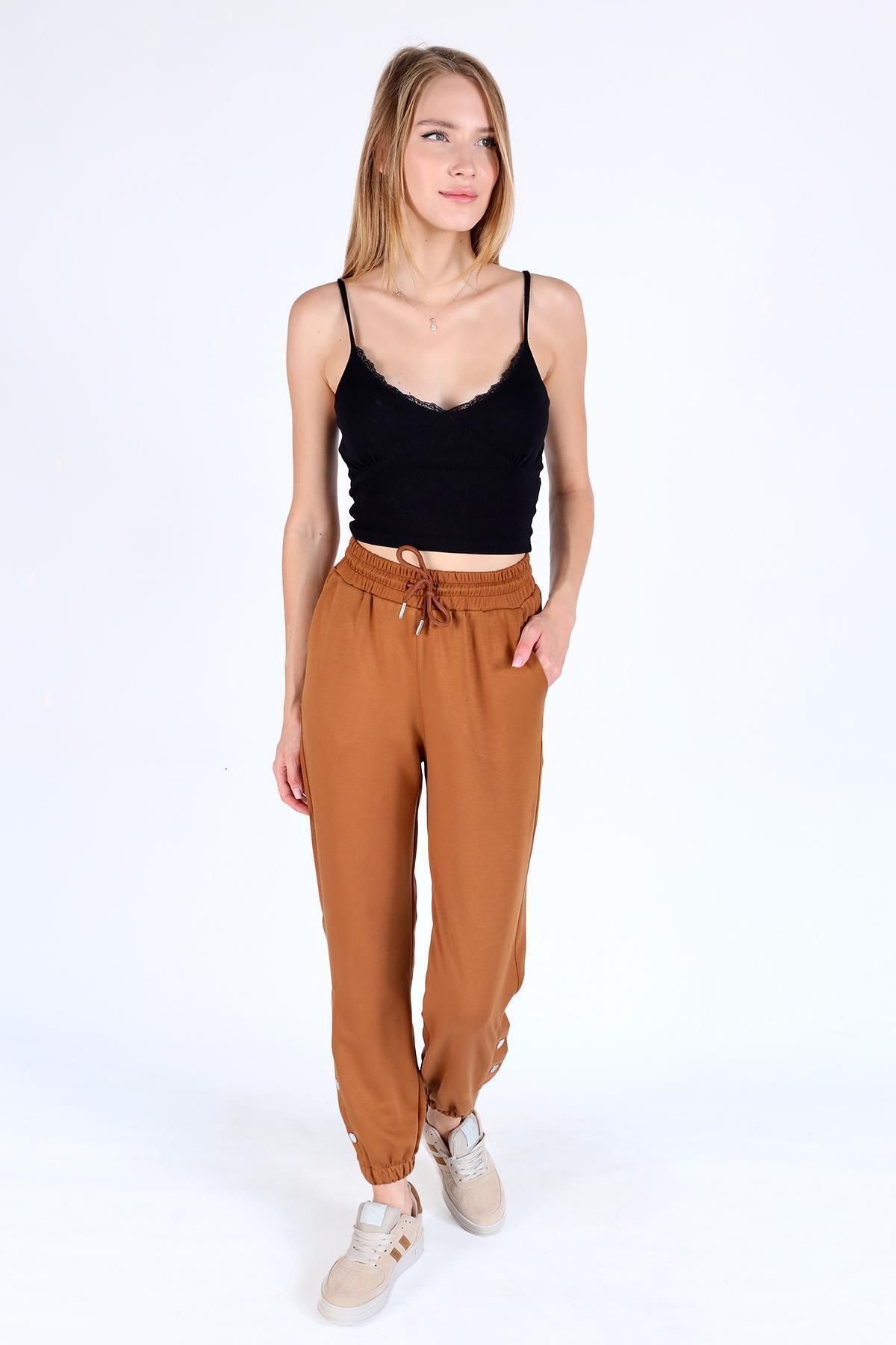 Rays-4281A Model Tan Colored Sweatpants with Snap Fastener 6