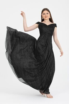 meksila Kadın Kayık Yakalı Straptes Uzun Kloş Simli Abiye Elbise Davet / 4089...